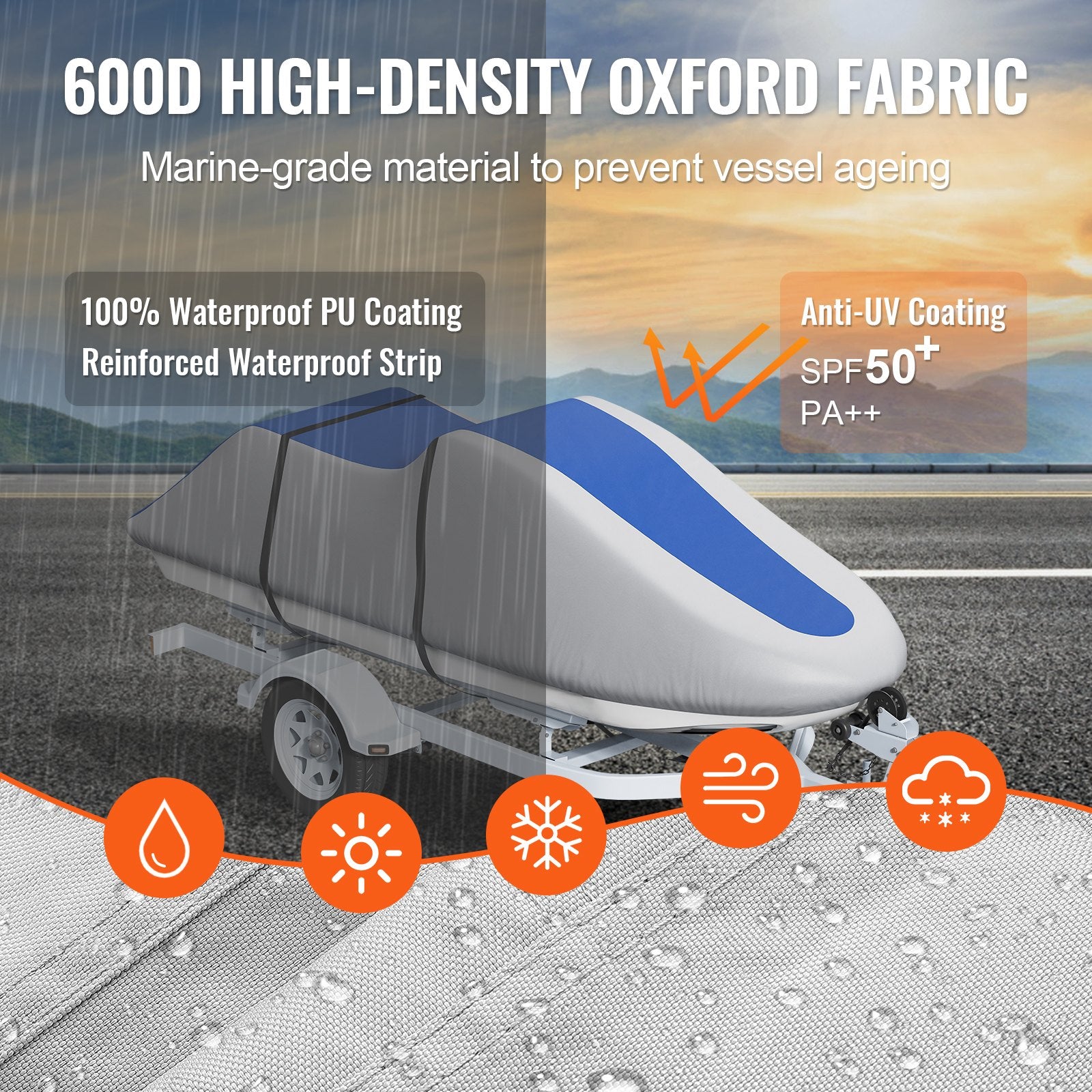 VEVOR Jet Ski Cover 320-342 cm Trailerable Waterproof PWC Cover, Heavy-duty 600D Marine Grade PU Oxford Fabric, UV Resistant Seadoo Cover with Buckle Straps, Personal Watercraft Covers, Grey+Blue