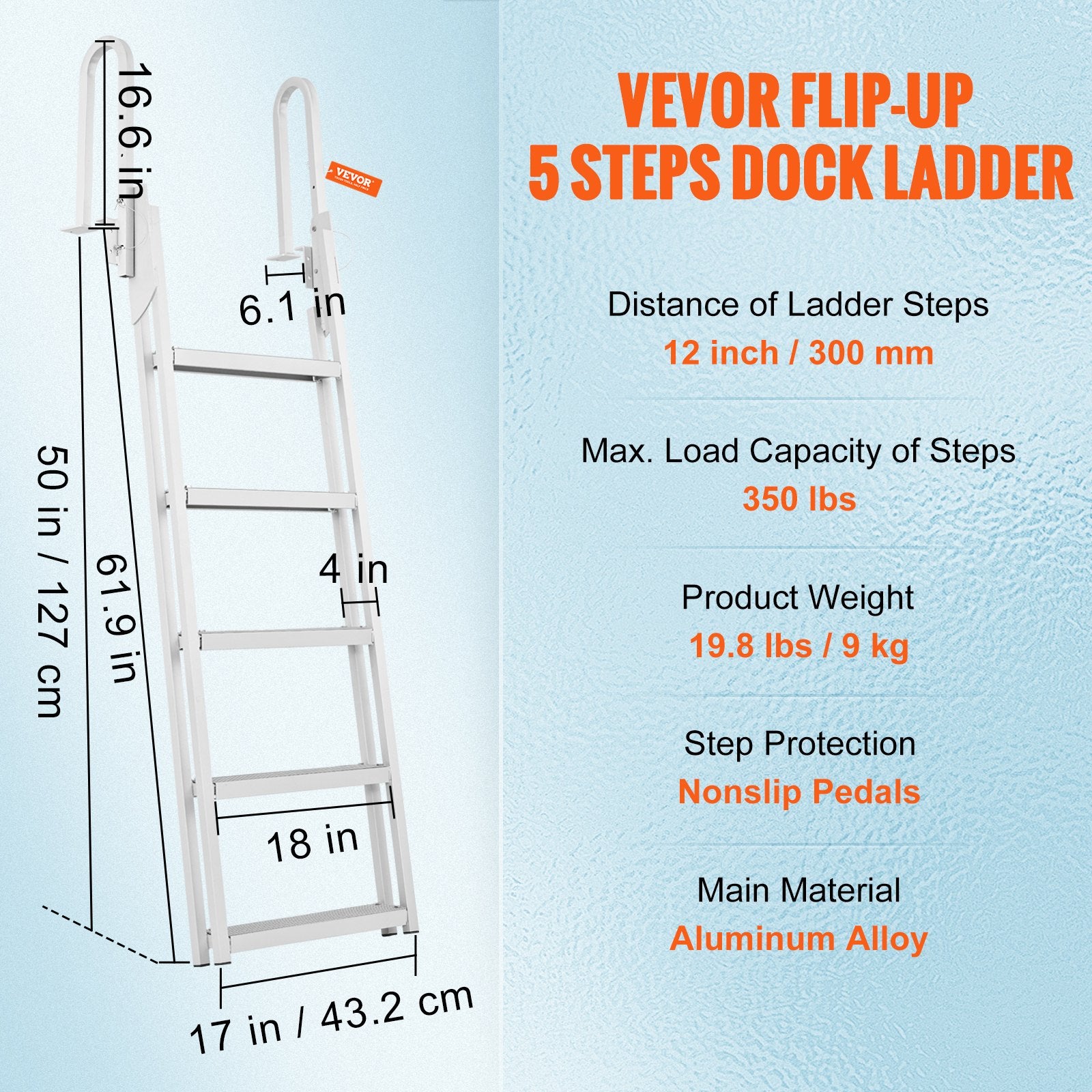VEVOR Dock Ladder Flip Up 5 Steps, 350lbs Load Capacity, Aluminum Pontoon Boat Ladder with 4" Wide Step & Nonslip Rubber Mat,Swimm Step Ladder for Ship/Lake/Pool/Marine Boarding