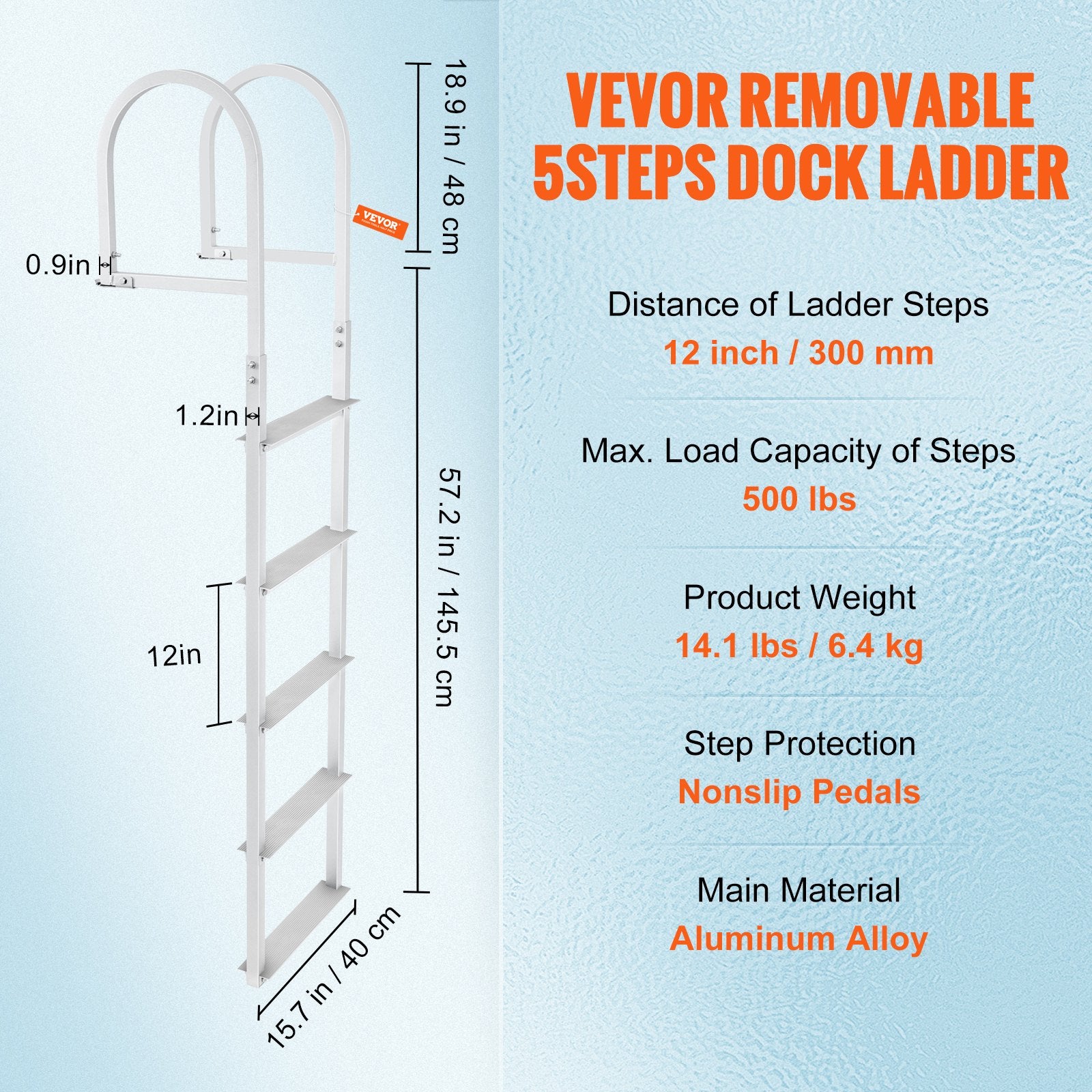 VEVOR Dock Ladder, Removable 5 Steps, 227 kgs Load Capacity, Aluminum Alloy Pontoon Boat Ladder with 3.1'' Wide Step & Nonslip Rubber Mat, Easy to Install for Ship/Lake/Pool/Marine Boarding
