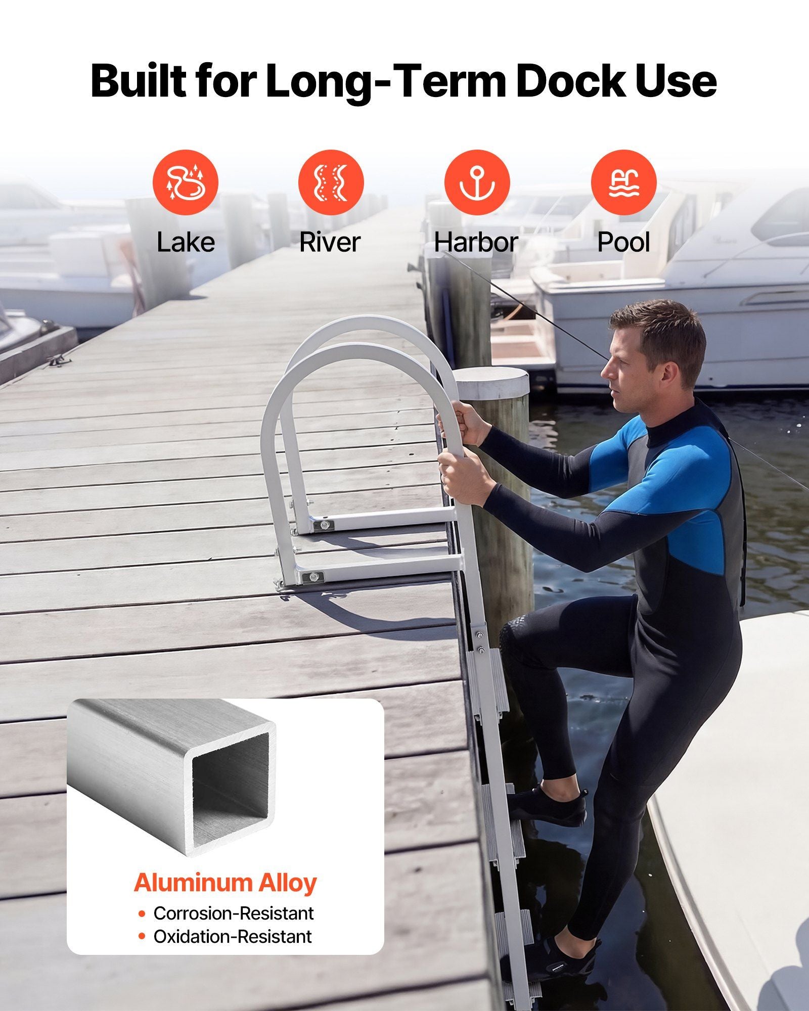 Removable Dock Ladder, 4 Steps, Aluminum Alloy Pontoon Boat Swim Ladder, with Non-Slip Wide Steps, 227 kg Weight Capacity, Quick Release Design, for Lake Swimming, Pool, Boat, Marine Boarding