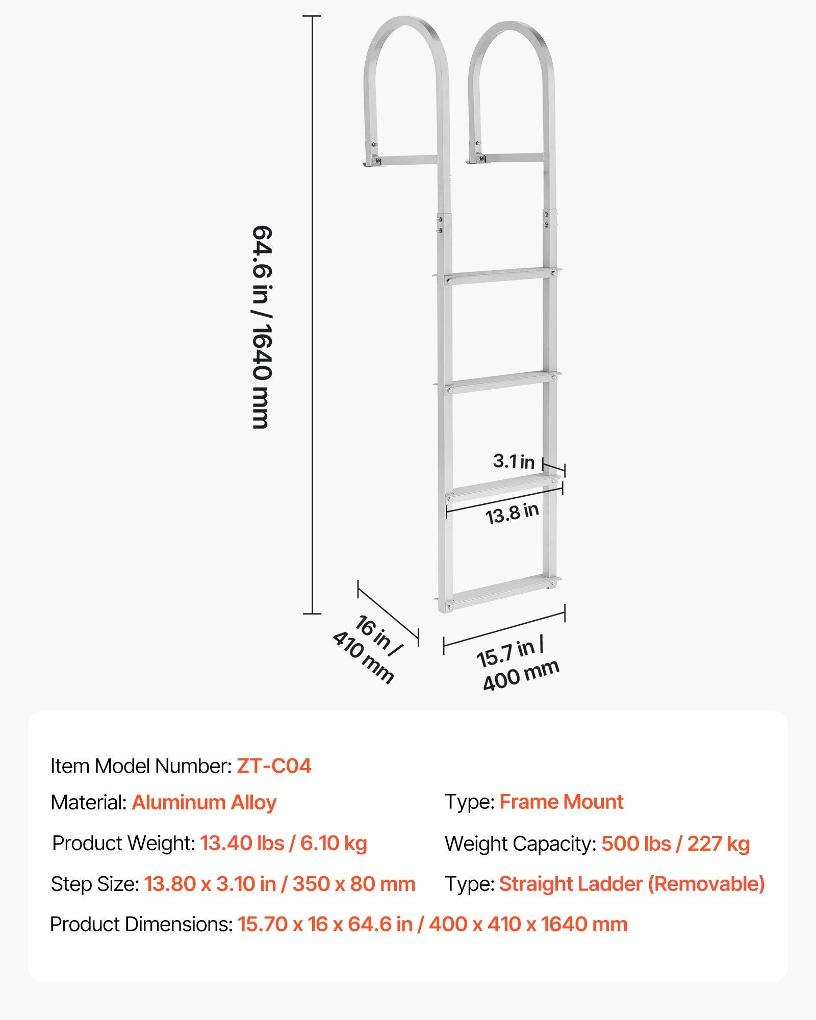 Removable Dock Ladder, 4 Steps, Aluminum Alloy Pontoon Boat Swim Ladder, with Non-Slip Wide Steps, 227 kg Weight Capacity, Quick Release Design, for Lake Swimming, Pool, Boat, Marine Boarding