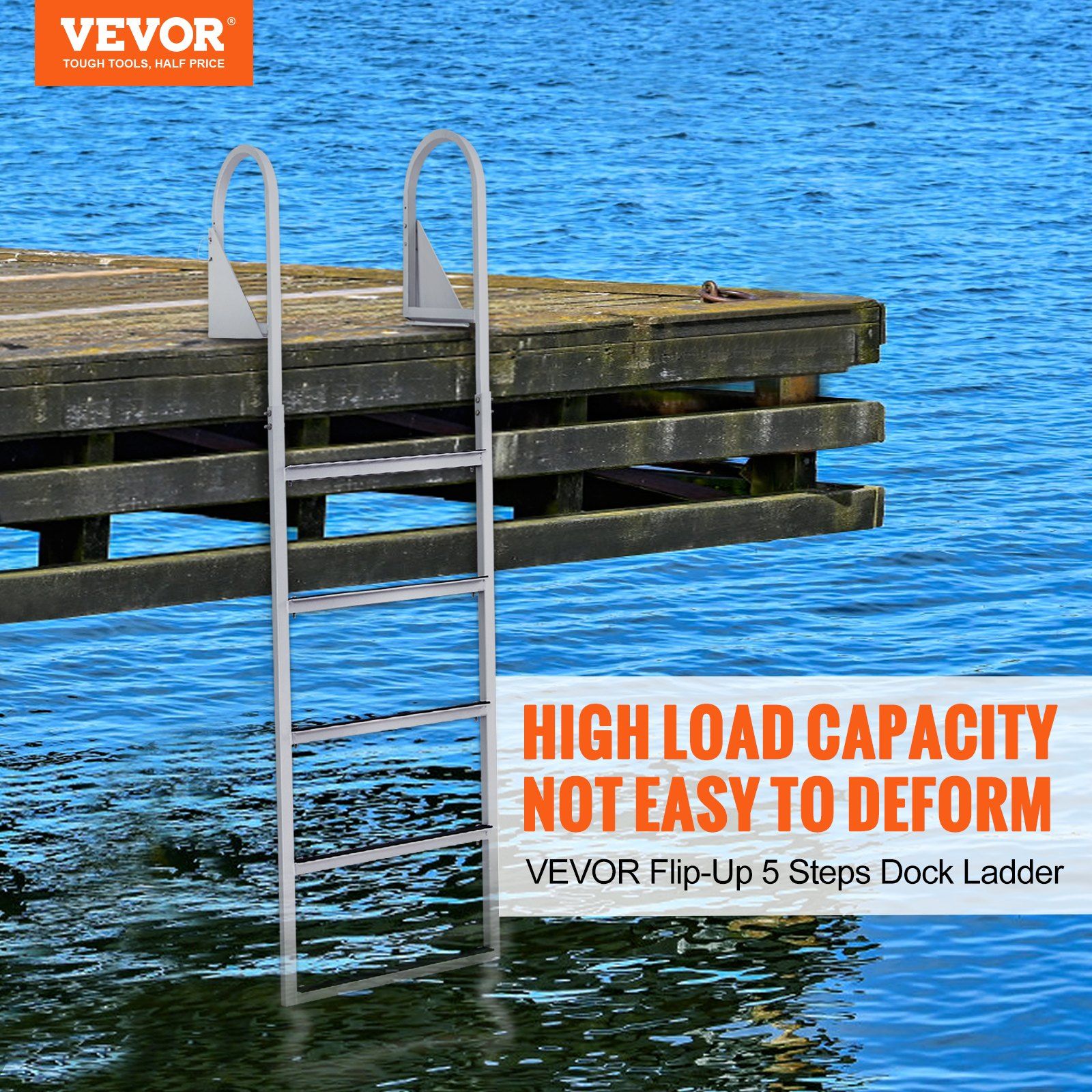 Dock Ladder, Flip-Up 5 Steps, 350 lbs Load Capacity, Aluminum Alloy Pontoon Boat Ladder with 2'' Wide Step & Nonslip Rubber Mat, Easy to Install for Ship/Lake/Pool/Marine Boarding