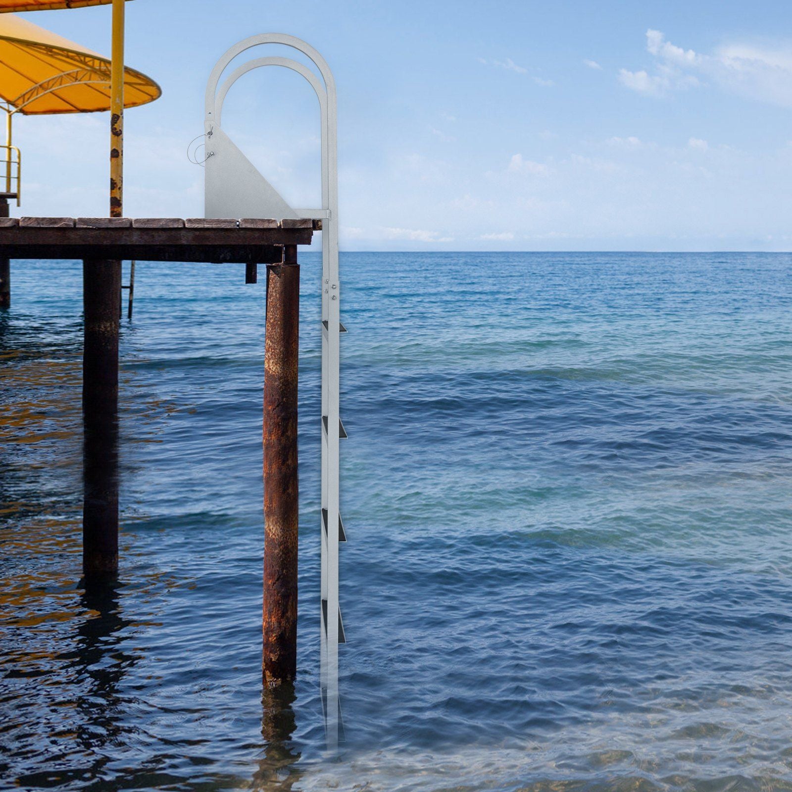 Dock Ladder, Flip-Up 5 Steps, 350 lbs Load Capacity, Aluminum Alloy Pontoon Boat Ladder with 2'' Wide Step & Nonslip Rubber Mat, Easy to Install for Ship/Lake/Pool/Marine Boarding