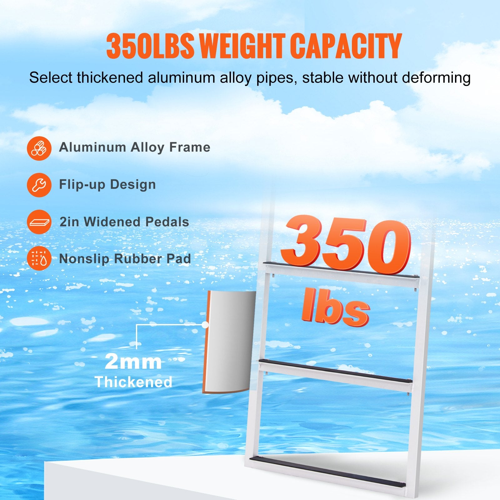 VEVOR Dock Ladder, Flip-Up 3 Steps, 159 kg Load Capacity, Aluminum Alloy Pontoon Boat Ladder with 50.8 mm Wide Step & Nonslip Rubber Mat, Easy to Install for Ship/Lake/Pool/Marine Boarding