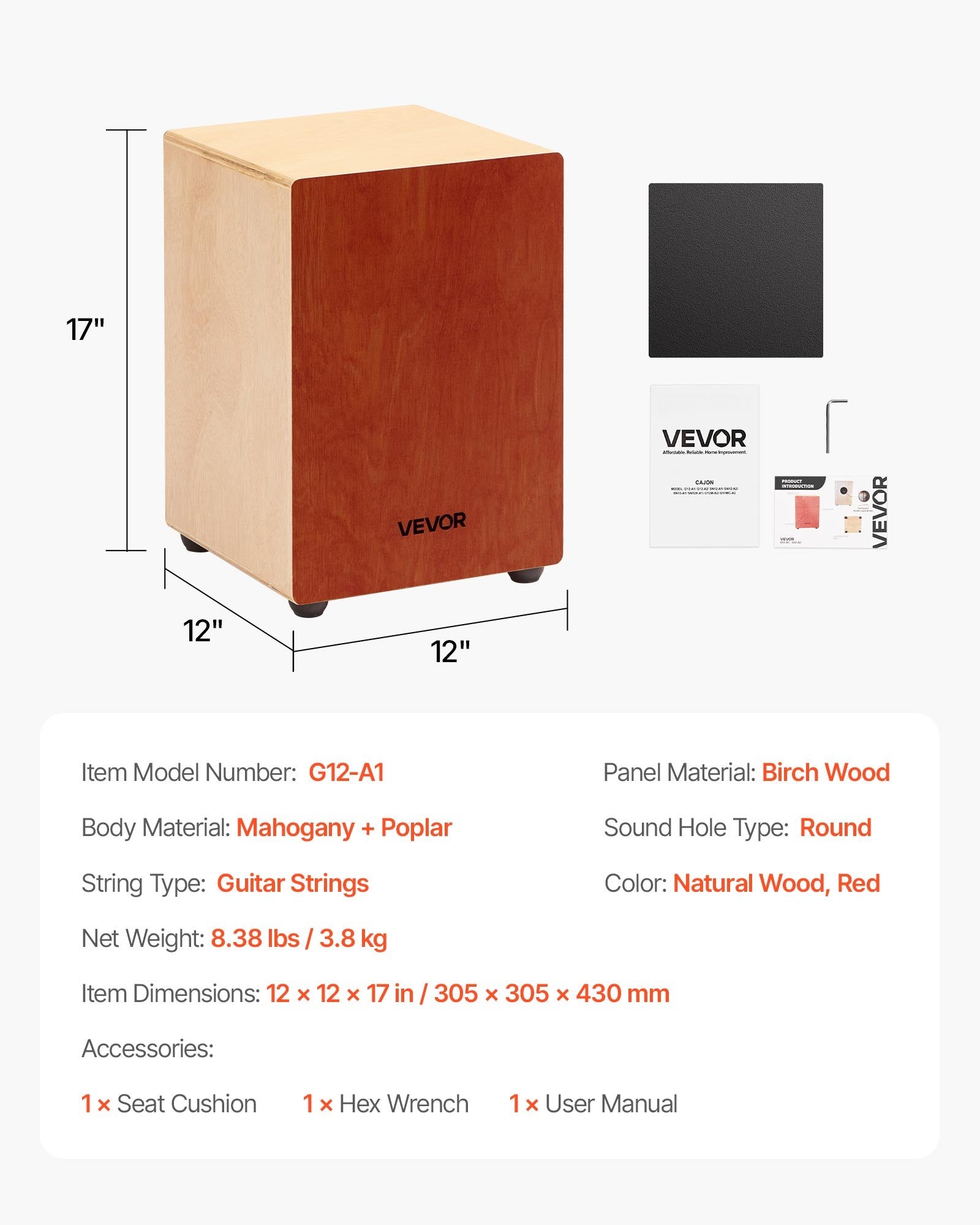 VEVOR Cajon Box Drum, with Internal Guitar Strings, Lightweight Wooden Percussion Box, Portable Birch Wood Drum Musical Instrument with Silicone Feet, for Beginner & Professional, 305 x 305 x 430 mm