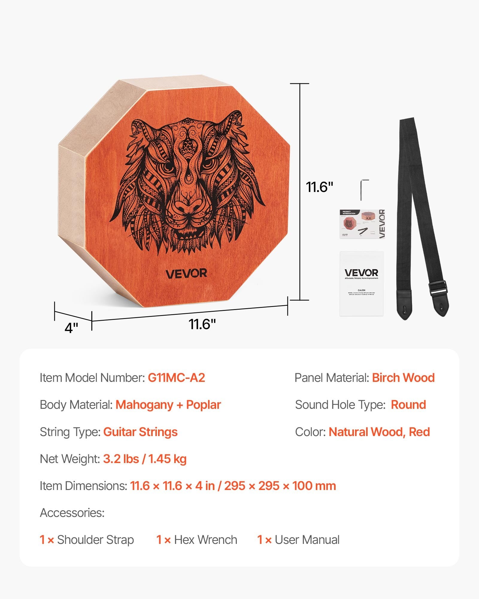 VEVOR Unique Cajon Box Drum, with Internal Guitar Strings, Portable Wooden Percussion Box, Birch Wood Drum Musical Instrument with Adjustable Strap, for Beginners & Professionals, 295 x 295 x 100 mm