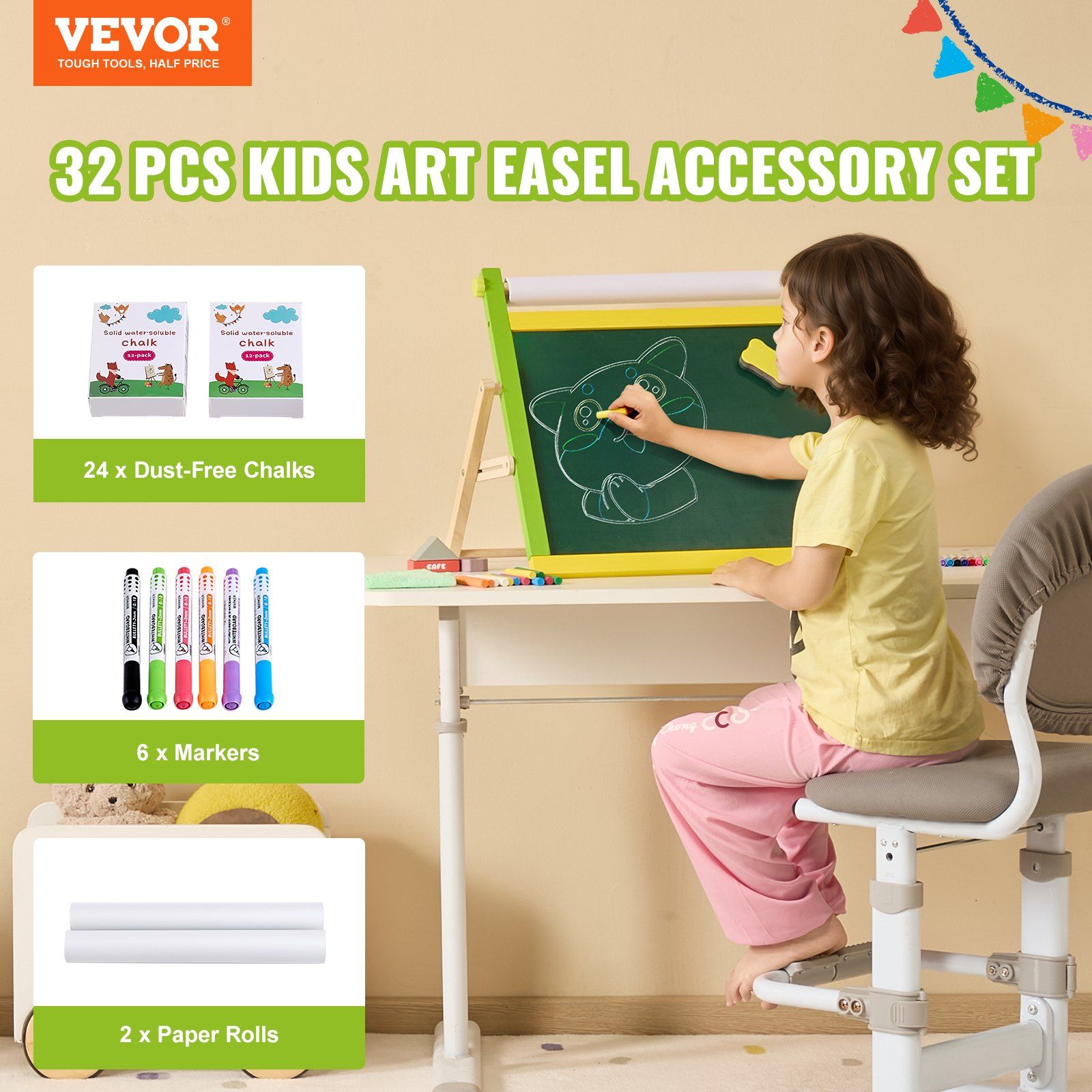 Easel Accessory Set, 32 PCS Kid's Art Easel Painting Kit Including Chalks, Dry-Erase Markers & Paper Rolls, Supplies Set for Tabletop Art Easel, Painting Accessories for Toddlers Boys and Girls