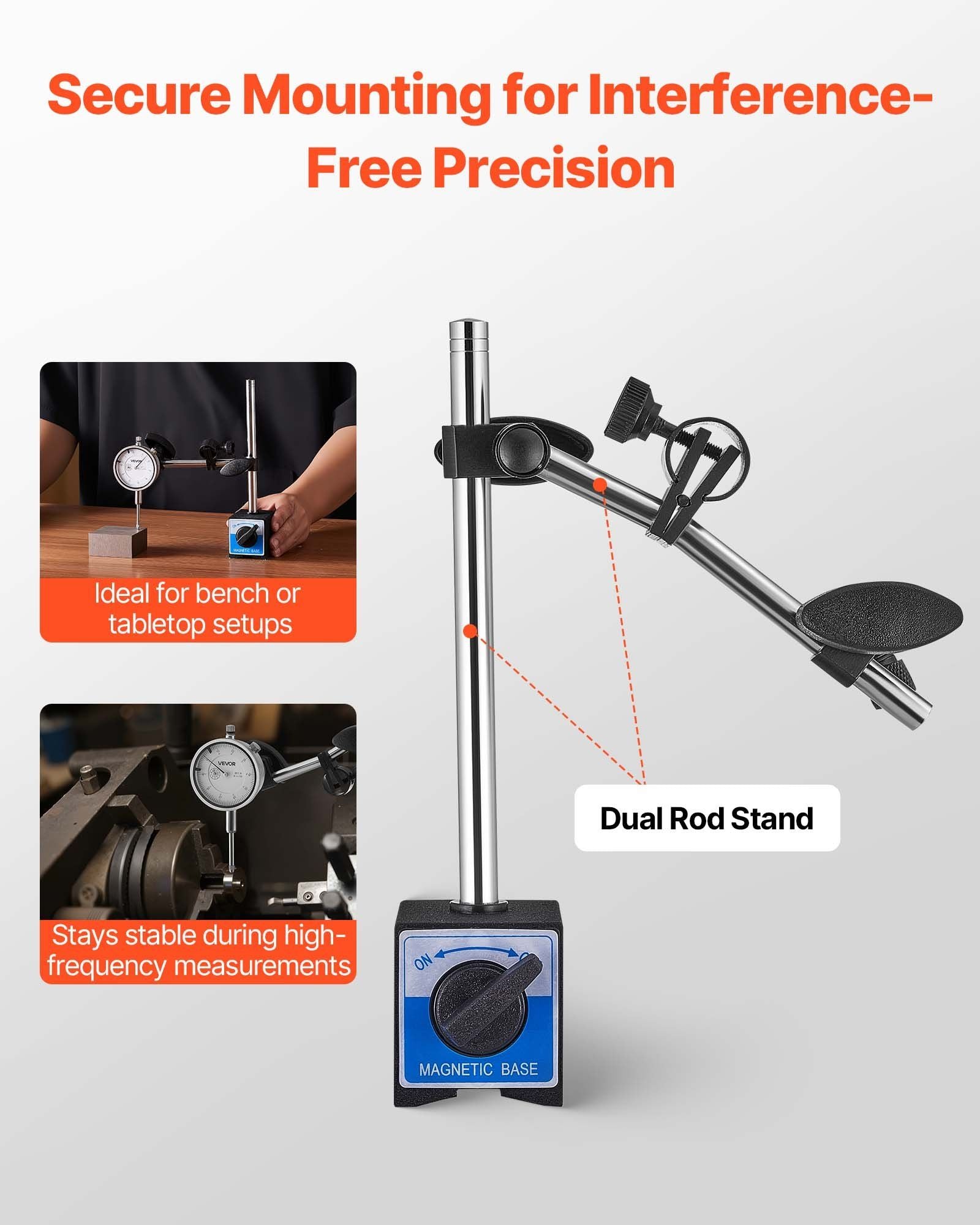 Dial Test Indicator with Dual Rod Stand and Storage Case, 0.03 mm Accuracy, 0-25.4mm Range, Fine Adjustable Long Arm, Non-Magnetic Centering Rods for Machine Set-Up, Narrow Area Measurement
