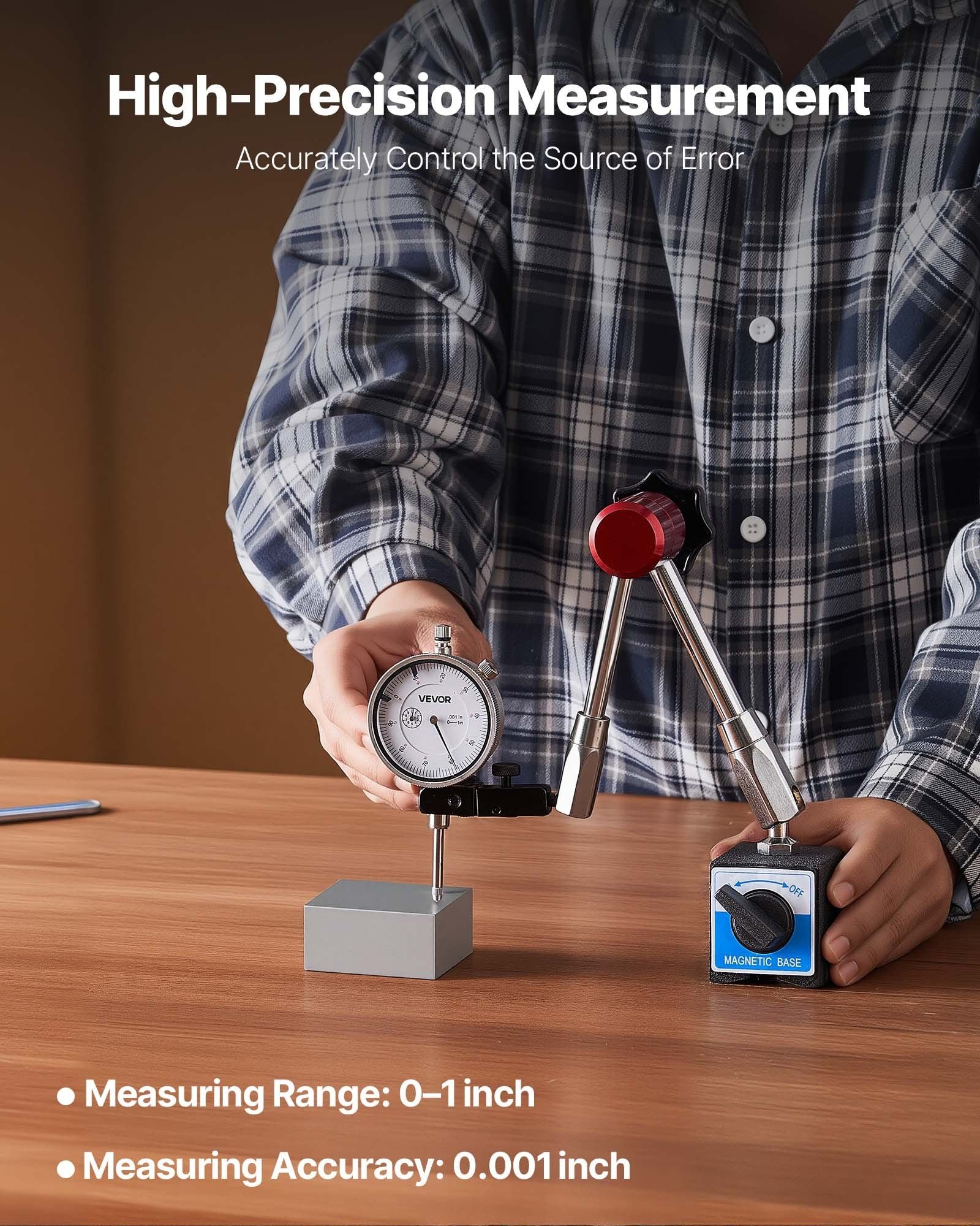 Dial Test Indicator with Magnetic Flexible Base Stand, 0.03 mm Accuracy, 0-25.4mm Range, Fine Adjustable Long Arm, Professional for Machine Set-Up, Narrow Area Measurement, Easy to Read