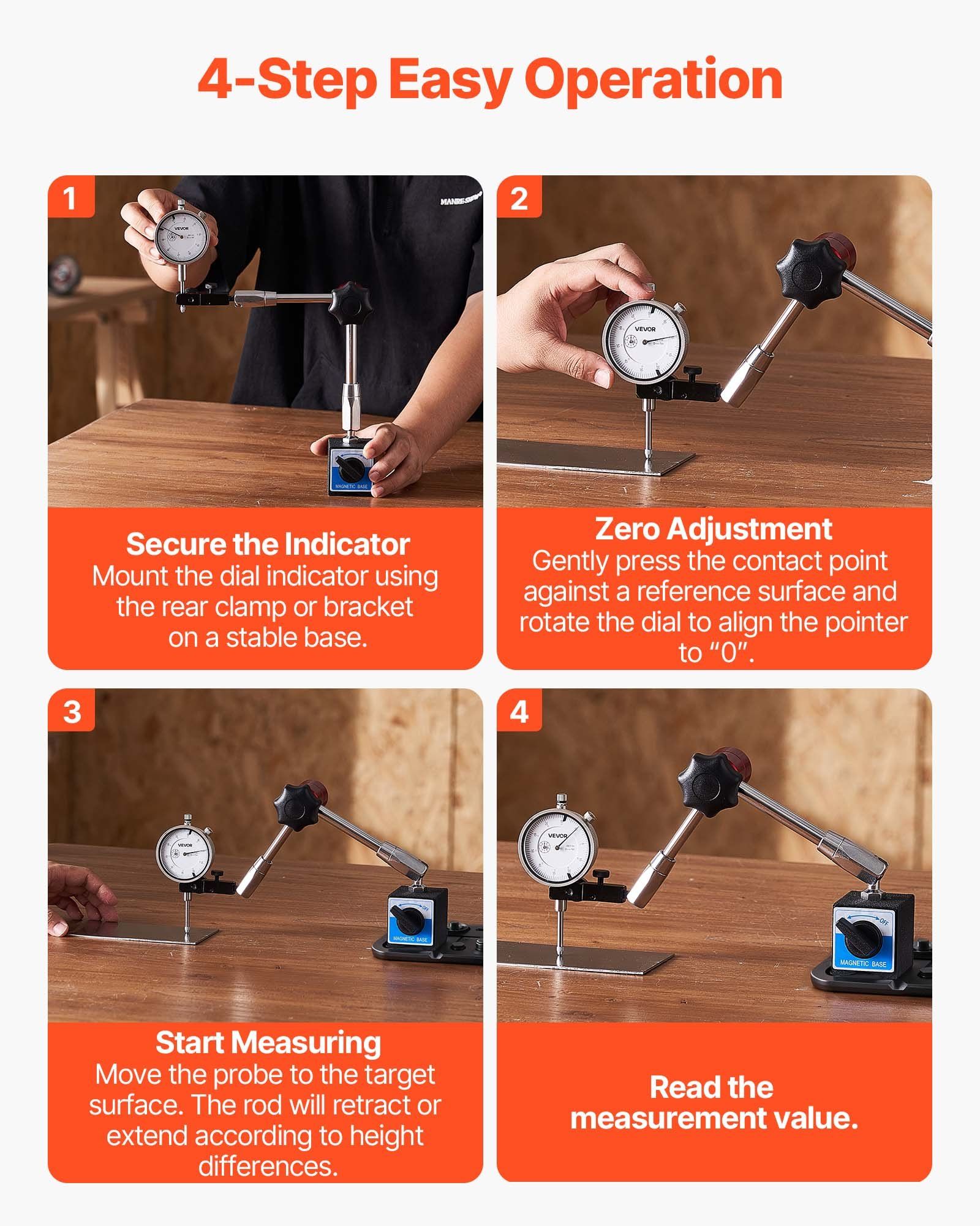 Dial Test Indicator with Magnetic Flexible Base Stand, 0.03 mm Accuracy, 0-25.4mm Range, Fine Adjustable Long Arm, Professional for Machine Set-Up, Narrow Area Measurement, Easy to Read