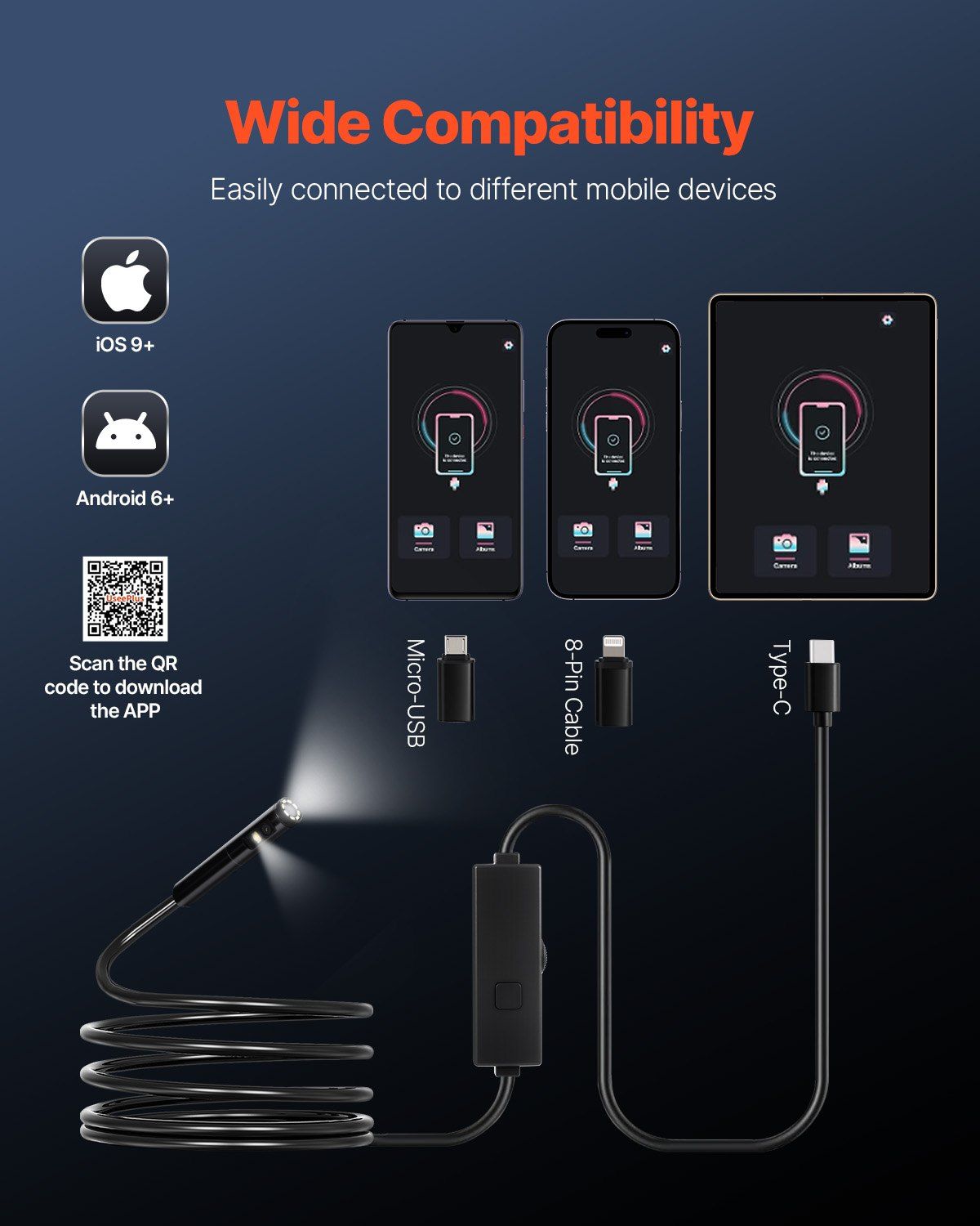 Endoscope Camera with Light, Dual Lens Borescope for Android & IOS, 1920P HD Inspection Camera with 8 + 1 LED Lights, 2X Zoom, 3m Snake Cable, IP67 Waterproof Snake Camera for Auto, Plumbing