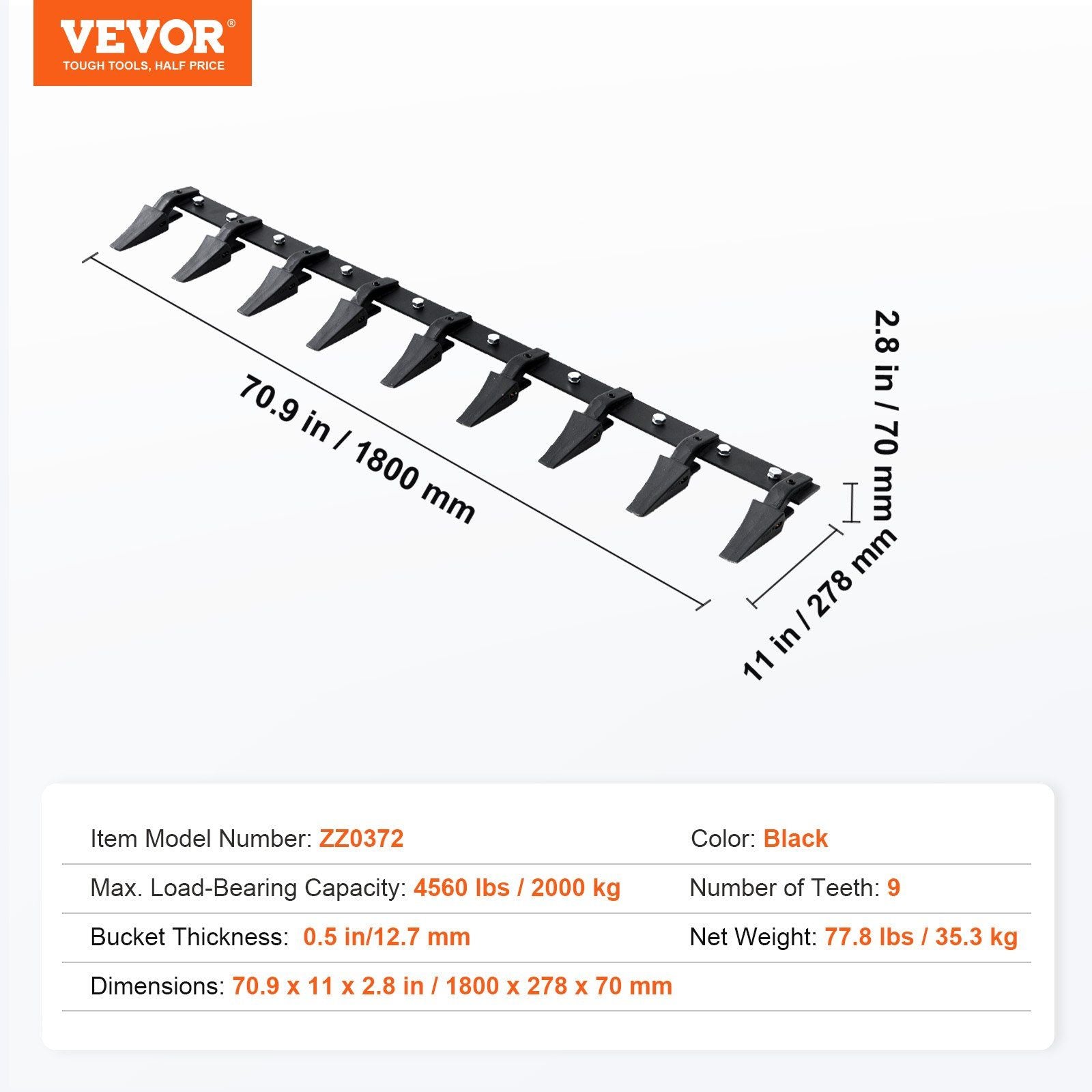 Bucket Tooth Bar, 1800mm, Heavy Duty Tractor Bucket 9 Teeth Bar for Loader Tractor Skidsteer, 2000 kg Load-Bearing Capacity Bolt On Design, for Efficient Soil Excavation and Bucket Protection