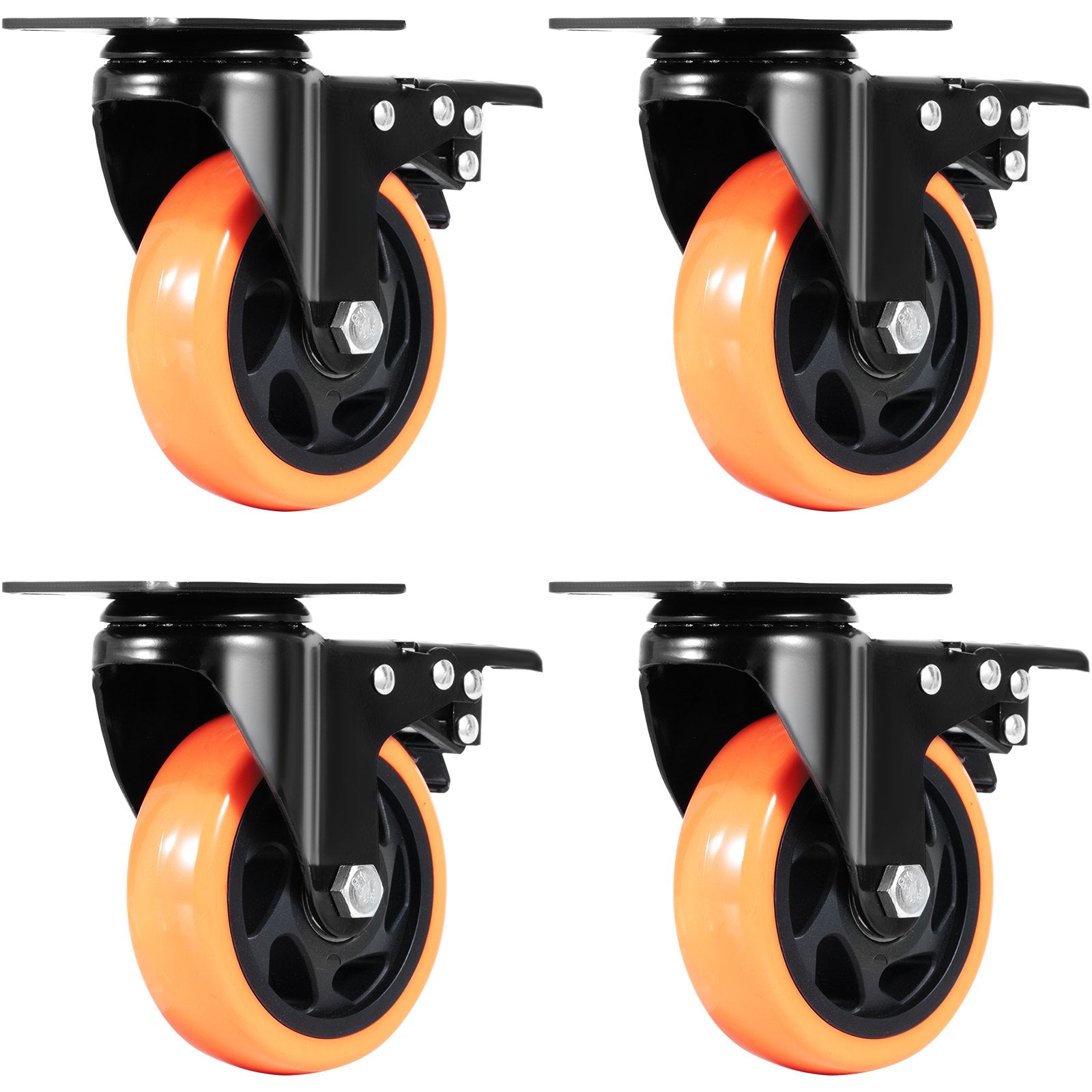 VEVOR Caster Wheels, 101.6 mm Swivel Plate Casters, Set of 4, with Security A/B Locking No Noise PVC Wheels, Heavy Duty 159 kg Load Capacity Per Caster, Non-Marking Wheels for Cart Furniture Workbench