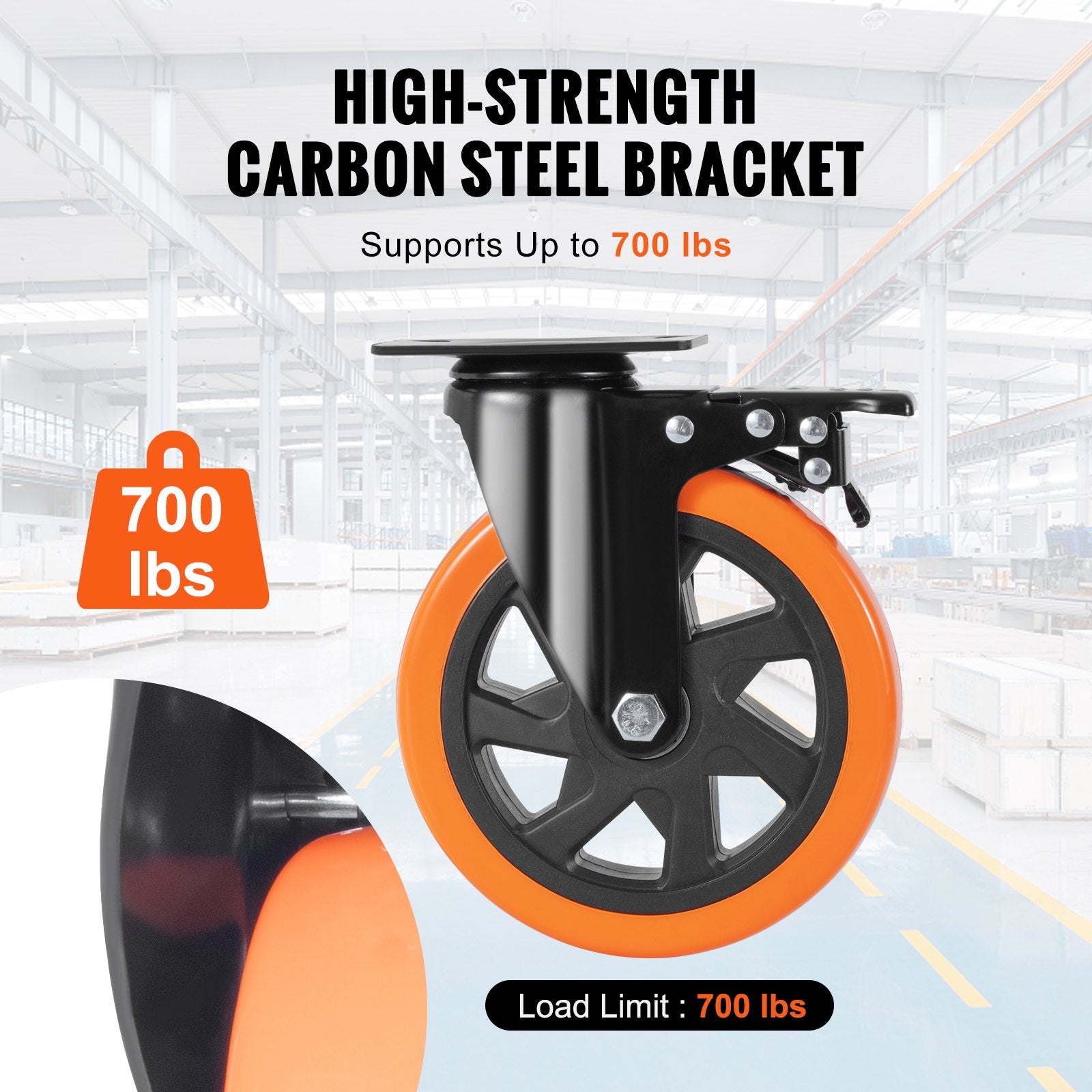 VEVOR Caster Wheels, 152.4 mm Swivel Plate Casters, Set of 4, with Security A/B Locking No Noise PVC Wheels, Heavy Duty 318 kg Load Capacity Per Caster, Non-Marking Wheels for Cart Furniture Workbench