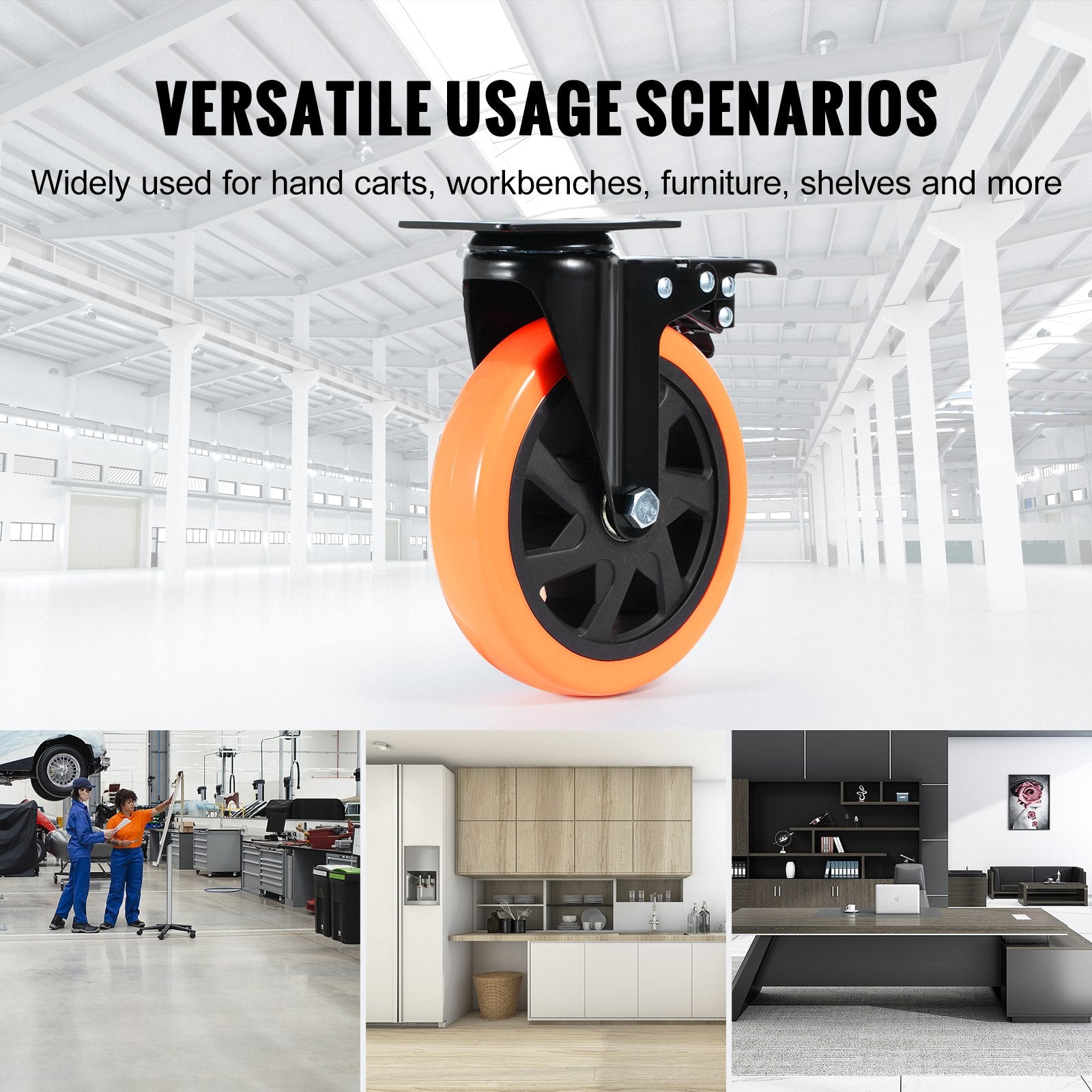 VEVOR Caster Wheels, 152.4 mm Swivel Plate Casters, Set of 4, with Security A/B Locking No Noise PVC Wheels, Heavy Duty 318 kg Load Capacity Per Caster, Non-Marking Wheels for Cart Furniture Workbench