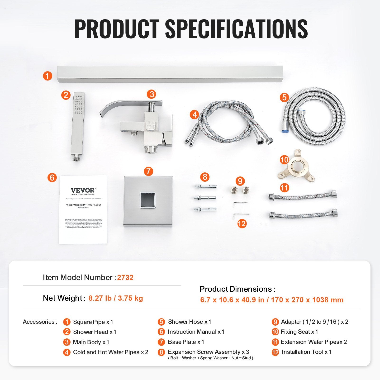 VEVOR Freestanding Bathtub Faucet, Floor Mount, Freestanding Tub Filler, Shower Mixer Taps, Two Water Modes, Swivel Spout, for Bathing & Showering Pet Bathing Cleaning Drains Toilet Flushing