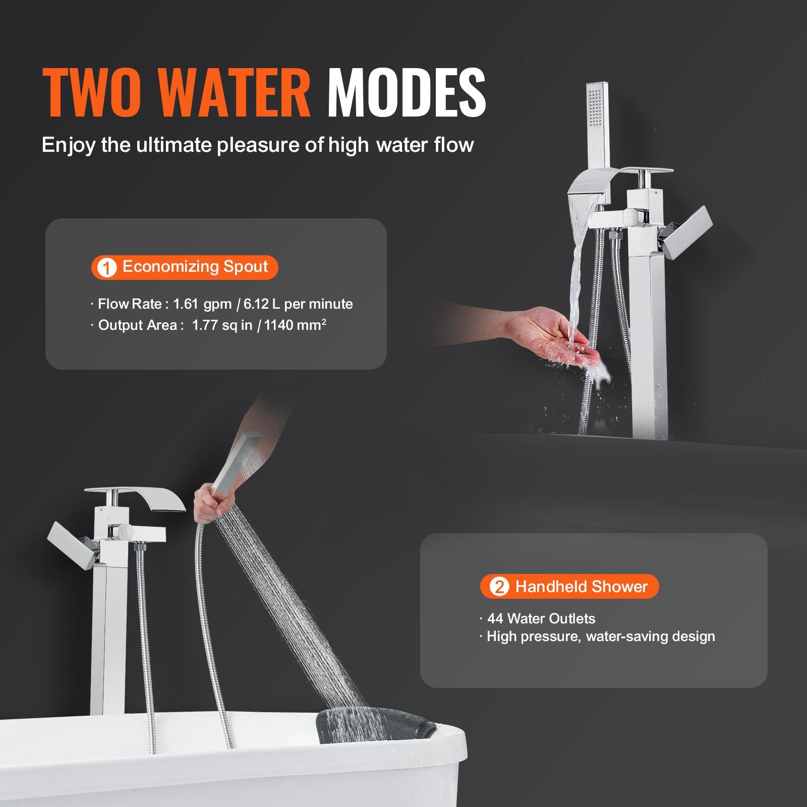 VEVOR Freestanding Bathtub Faucet, Floor Mount, Freestanding Tub Filler, Shower Mixer Taps, Two Water Modes, 360° Swivel Spout, for Bathing & Showering Pet Bathing Cleaning Drains Toilet Flushing