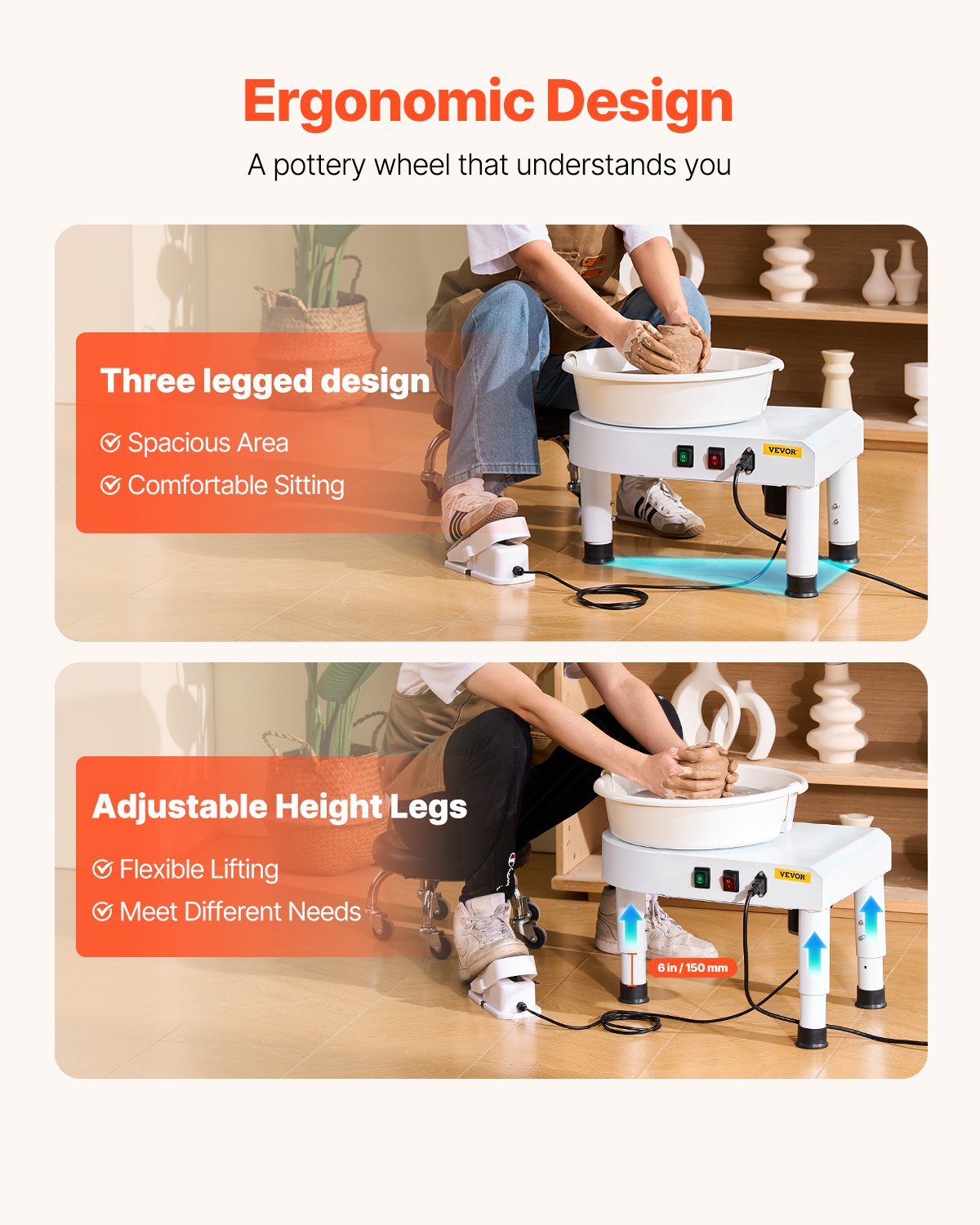 VEVOR Pottery Wheel, 28 cm Ceramic Wheel Forming Machine, 60-300 RPM Speed Adjustable Foot Pedal, Adjustable Lift Leg, Detachable Basin, Complete Tool Accessory Kit for Work Art Craft DIY, White