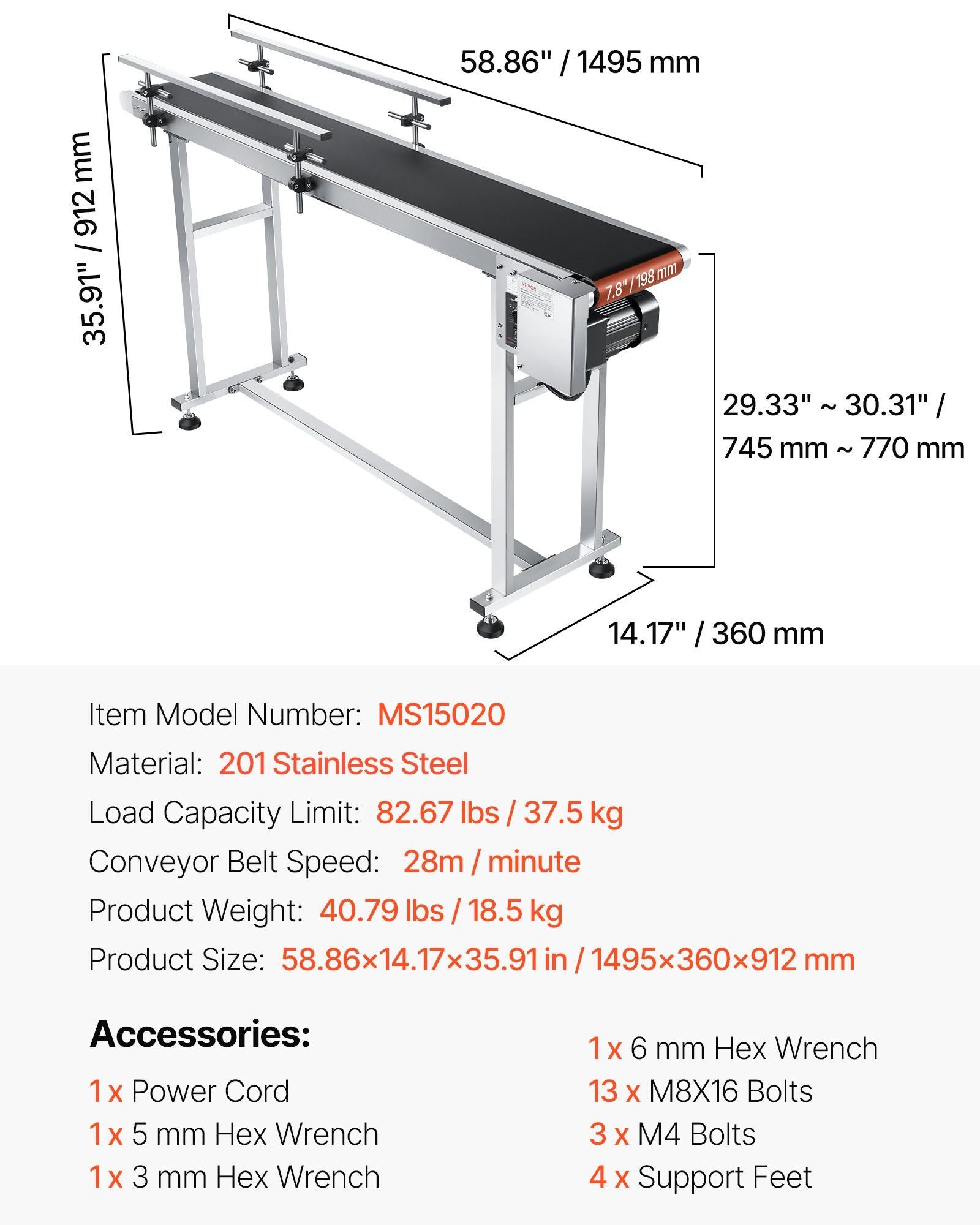 Belt Conveyor, 1498.6 x 198.1 mm Conveyor Table Heavy Duty Stainless Steel Motorized Belt Conveyor for Inkjet Coding Applications Powered PVC Belt Anti-Static Adjustable Speed (Double Guardrail)