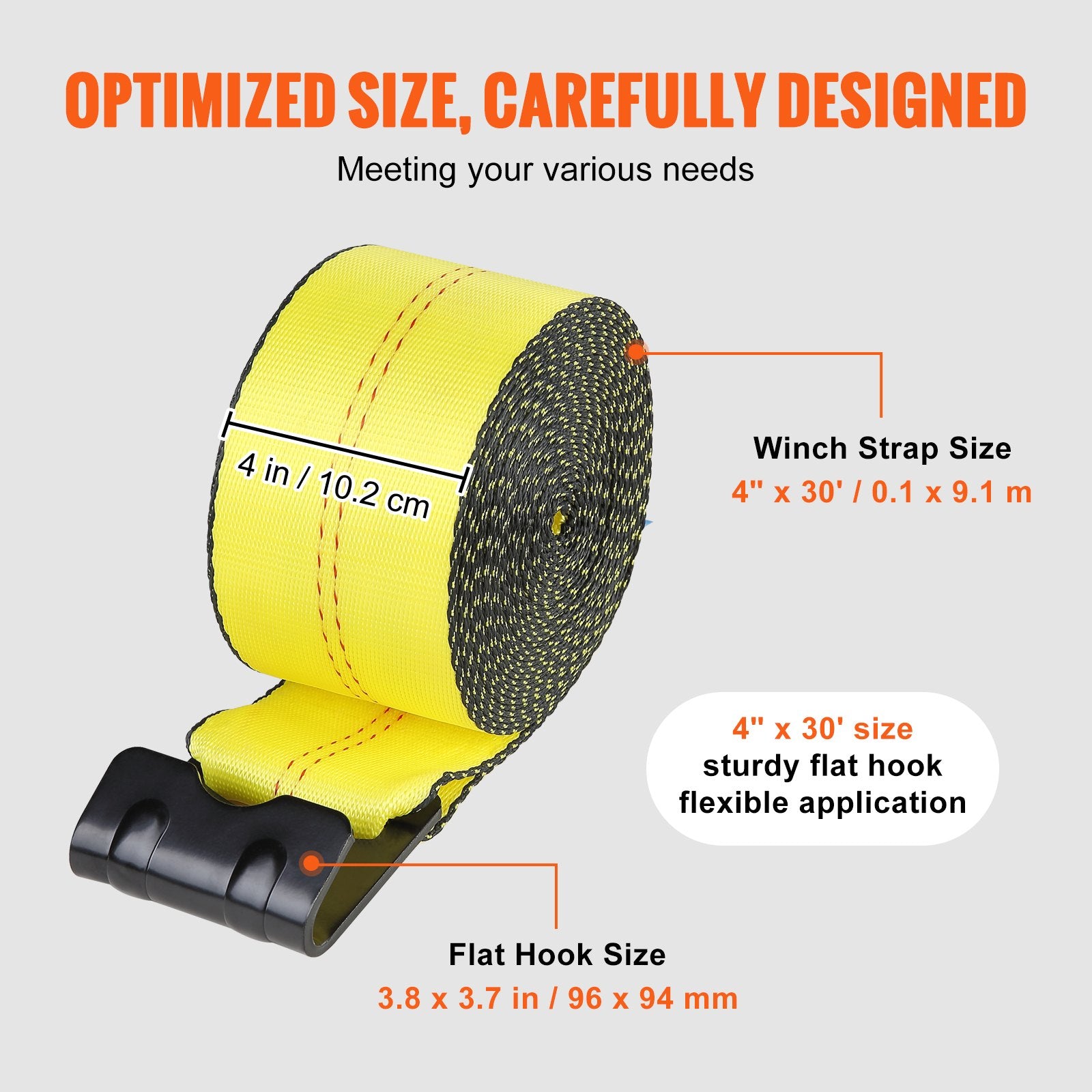 VEVOR Winch Straps, 10.2 cm x 9.1 m, 2.7T Load Capacity, 8.2T Break Strength, Truck Straps with Flat Hook, Flatbed Tie Downs Cargo Control for Trailers, Farms, Rescues, Tree Saver, Yellow (10 Pack)