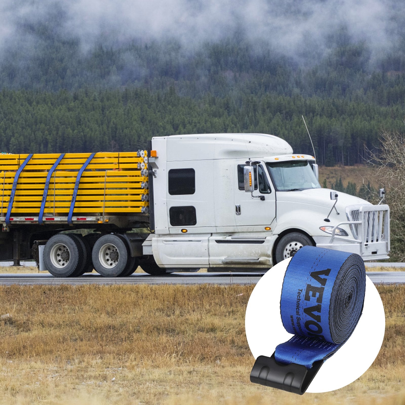 VEVOR Winch Straps, 10.2 cm x 9.1 m, 2.7T Load Capacity, 8.2T Breaking Strength, Truck Straps with Flat Hook, Flatbed Tie Downs Cargo Control for Trailers, Farms, Rescues, Tree Saver, Blue (10 Pack)