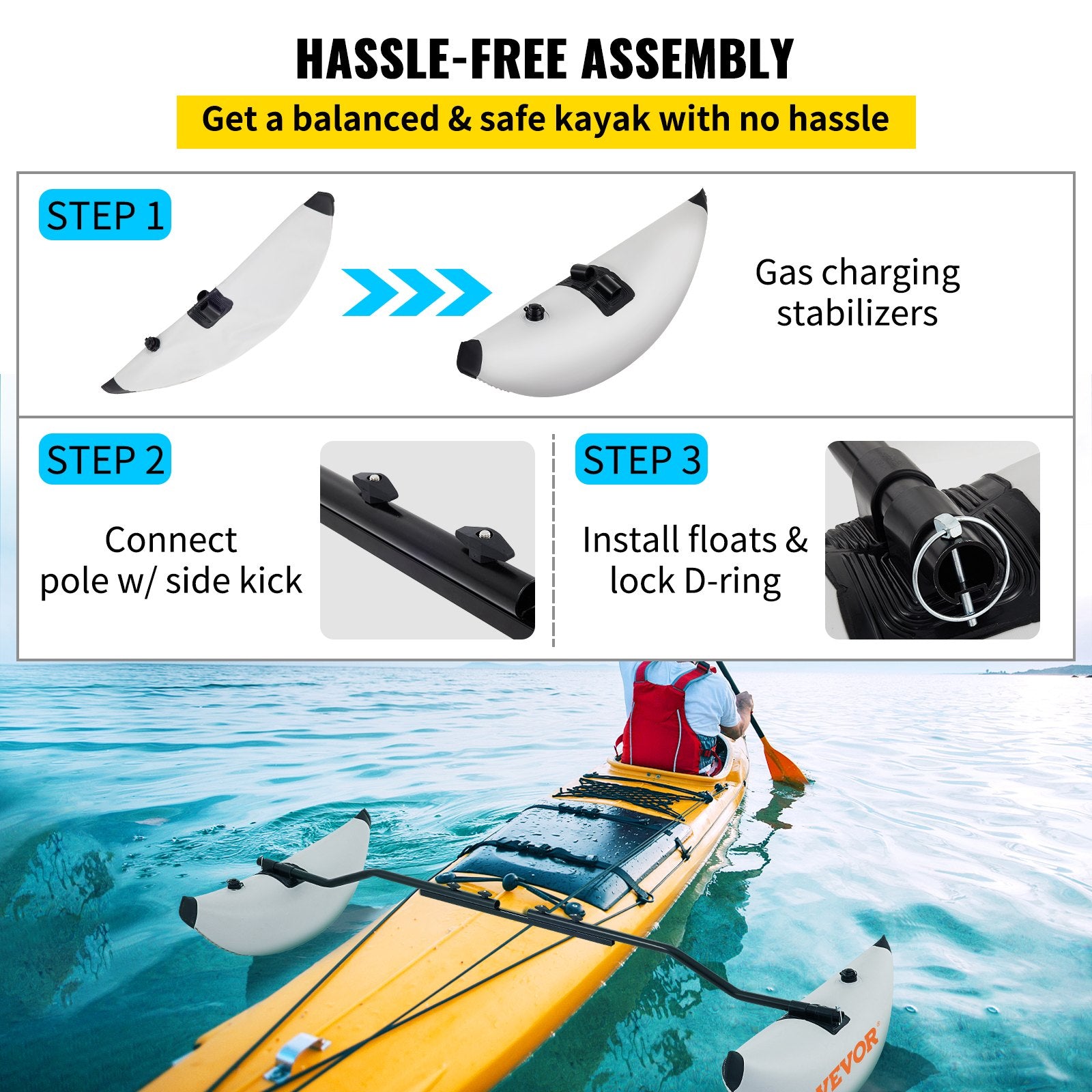 VEVOR Kayak Outrigger Stabilizer Inflatable Outrigger Float 2PCS PVC w/ Arms Rod