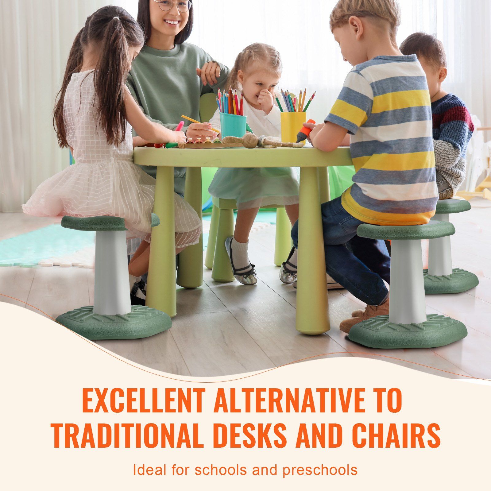 Kids Wobble Chair Active Chair with Sponge Cushion, Wobble Stool Improves Focus, Posture and Calm Children, Ideal for Schools and Preschools, Age 3-7, Green