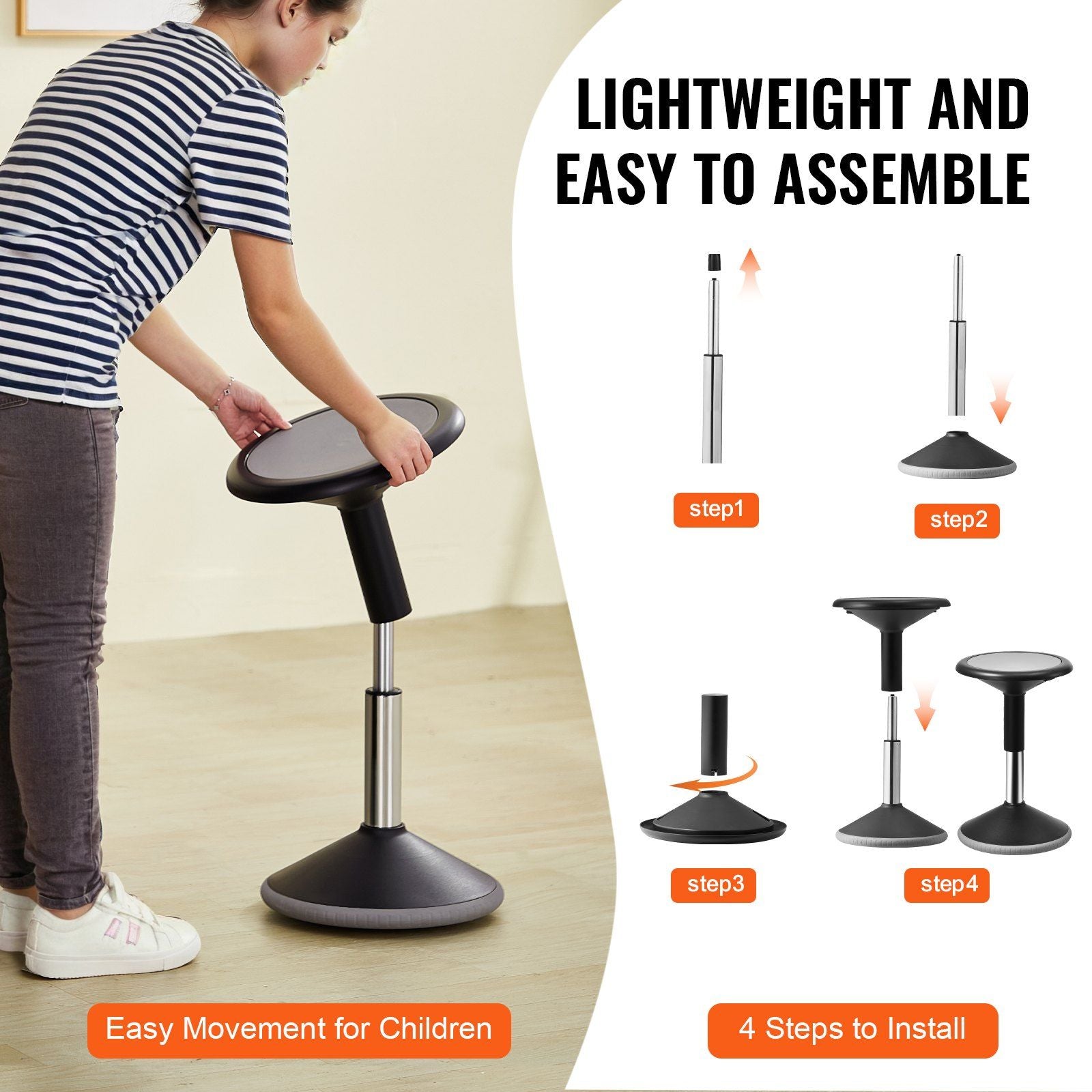 Wobble Chair, Height-Adjustable (15.7-21.7") Active Chair, Flexible Seating Wobble Stool Made of PVC+ABS Improves Focus & Posture, Ideal for Schools, Office and Home, Age 12-18, Black