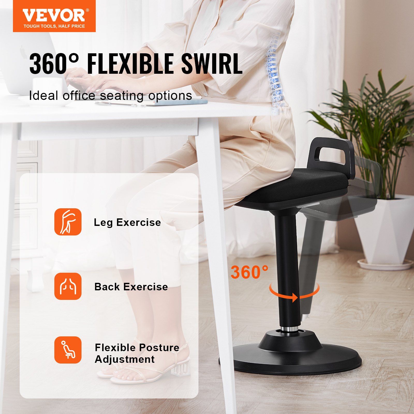 Active Chair with Handle, Height-Adjustable (24.6-34.4") Wobble Chair Made of Elastic Fabric & 45 mm Foam, Ideal for Schools, Office and Home, 8° Tilt Angle, Age 12-18, Black