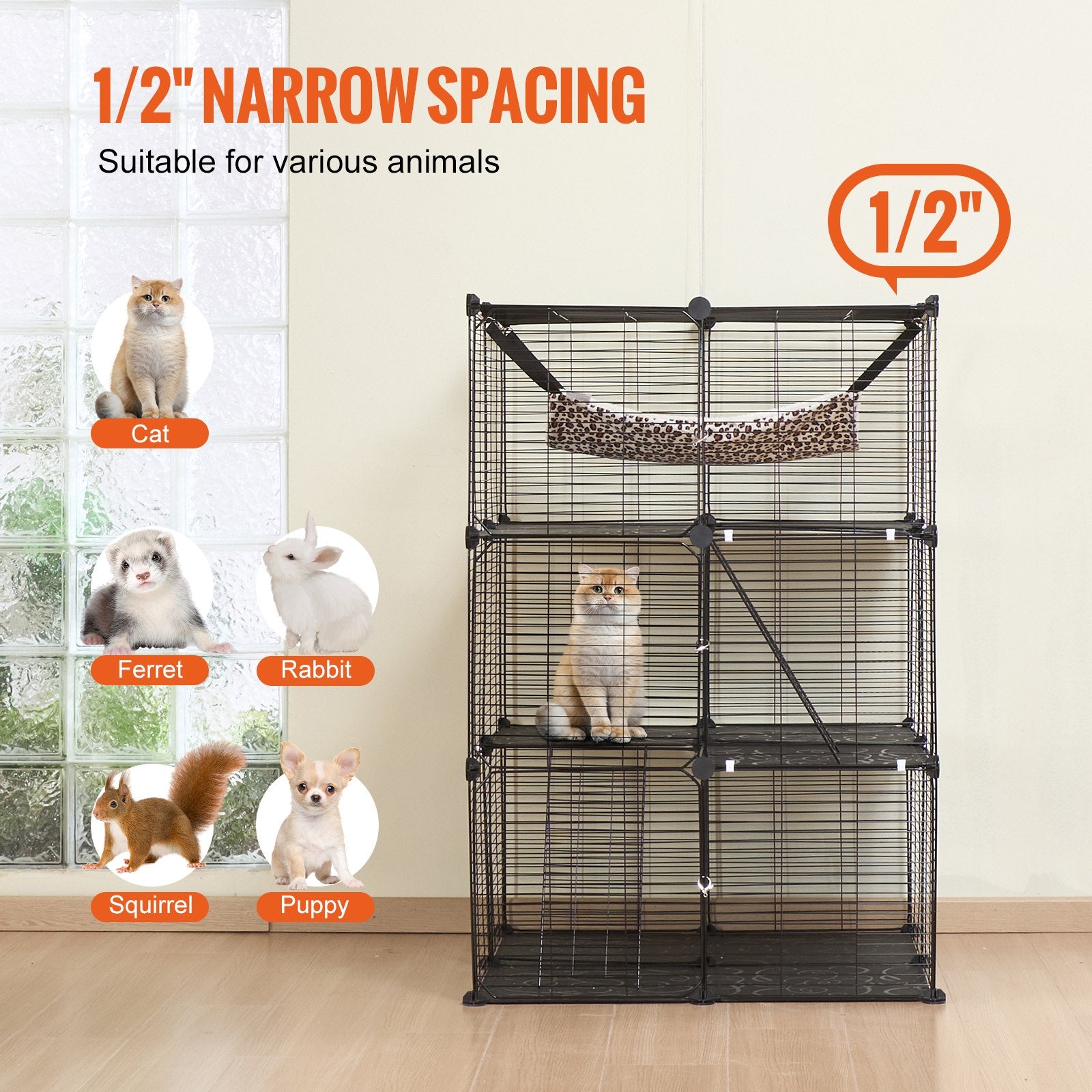VEVOR Large 3-tier Cat Cage, 28 x 28 x 41", DIY Detachable Metal Wire Durable Cat Enclosure, with Large Hammock 2 Ramp Ladders, Fit for Cats Exercise Indoor & Outdoor, Ease of Assembly, Black