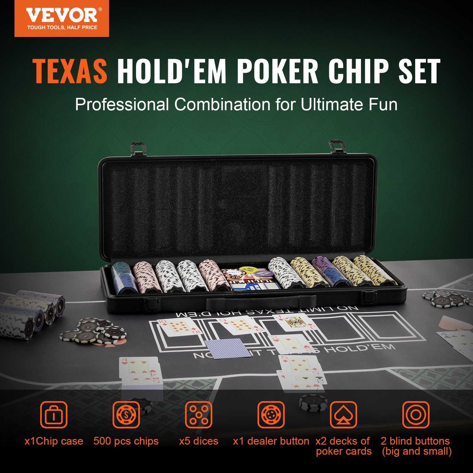 VEVOR Poker Chip Set, 500-Piece Poker Set, Complete Poker Playing Game Set with Carrying Case, Heavyweight 14 Gram Casino Clay Chips, Cards, Buttons and Dices, for Texas Hold'em, Blackjack, Gambling