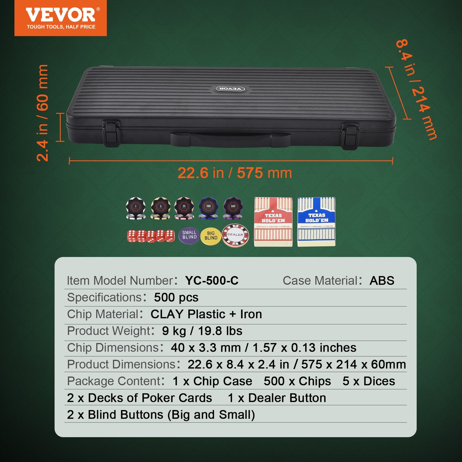 VEVOR Poker Chip Set, 500-Piece Poker Set, Complete Poker Playing Game Set with Carrying Case, Heavyweight 14 Gram Casino Clay Chips, Cards, Buttons and Dices, for Texas Hold'em, Blackjack, Gambling