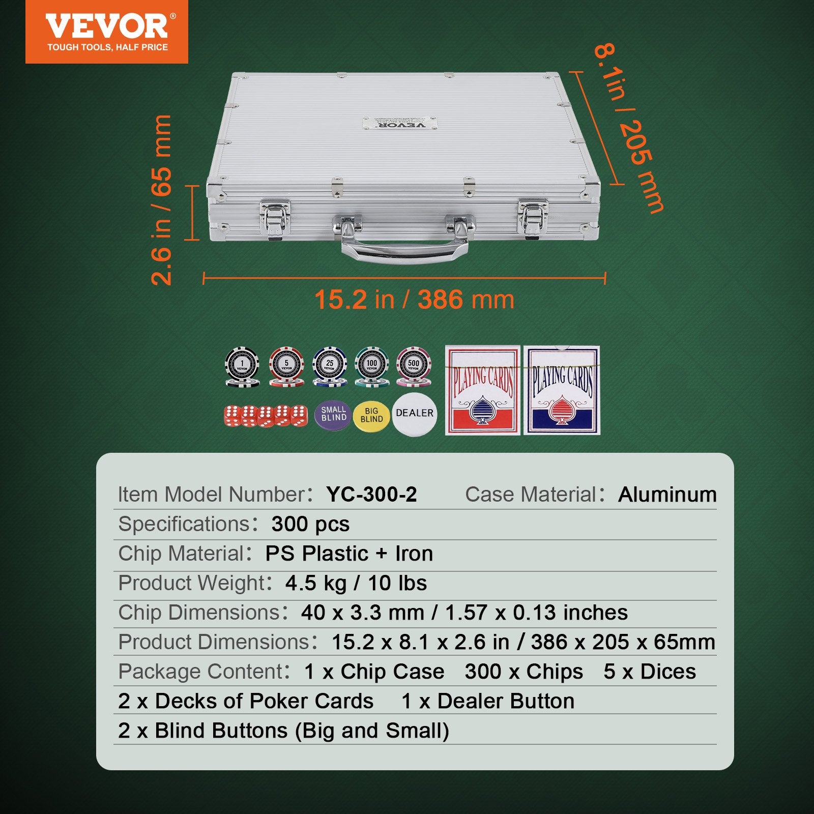 VEVOR Poker Chip Set, 300-Piece Poker Set, Complete Poker Playing Game Set with Aluminum Carrying Case, 11.5 Gram Casino Chips, Cards, Buttons and Dices, for Texas Hold'em, Blackjack, Gambling