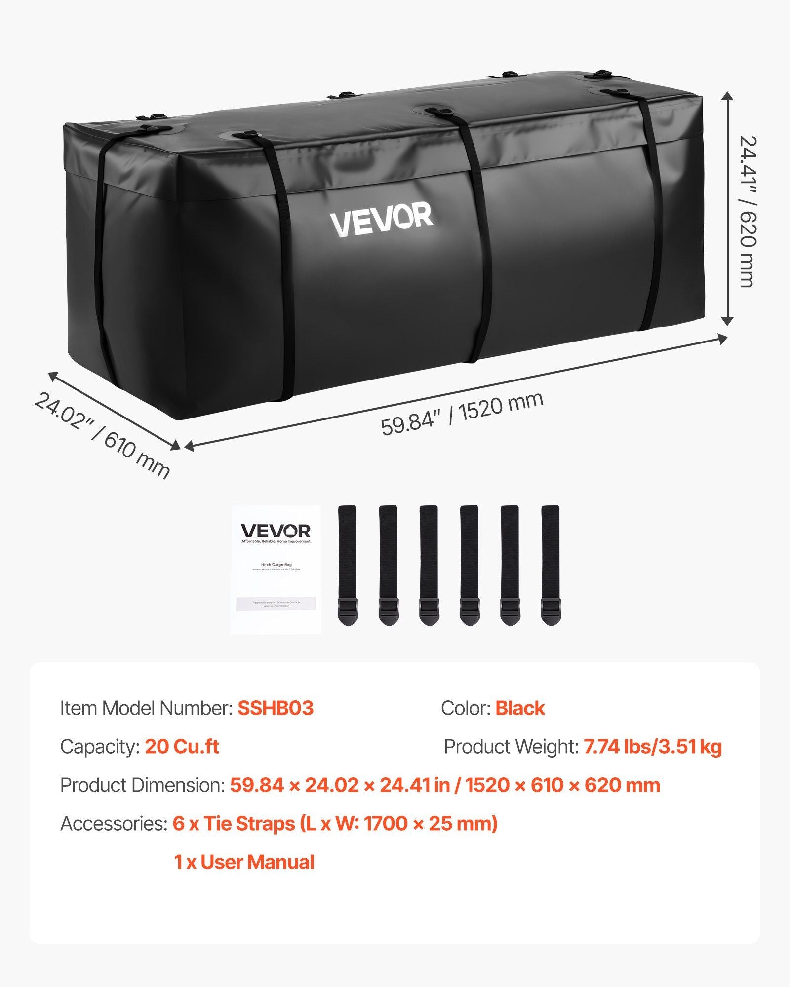 Hitch Cargo Carrier Bag, Waterproof 840D PVC, 152 x 61 x 62 cm (20 Cubic Feet), Heavy Duty Cargo Bag for Truck Bed Storage with 6 Reinforced Straps, Suitable for Car SUV Vans Hitch Basket