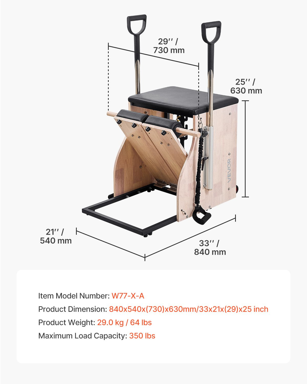 VEVOR Pilates Chair, Split-Pedal Stability Combo Chairs with Handles, Rubber Wood Frame Yoga Fitness Trainer, Exercise Reformer, Pilates Resistance-Workout Equipment, for Home Gym Studio Workout