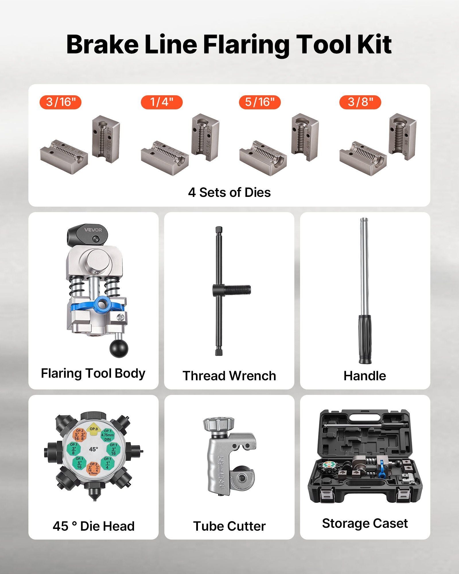 Professional Brake Line Flaring Tool, 45 Degree Double Flare Bubble Flare Tool Kit for 4.76mm, 6.35mm, 7.94mm, 9.52mm Copper Aluminum Thin Steel Tubes