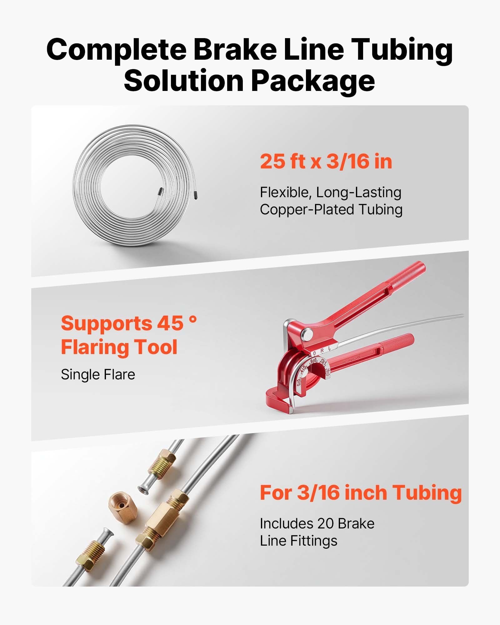 Brake Line Repair Kit, 45° Single Brake Line Flaring Tool Kit, 7.6m x 4.76mm Copper-Coated Brake Line with 20 Fittings & 2 Unions, 3-in-1 Tube Bender, Tube Cutter Included