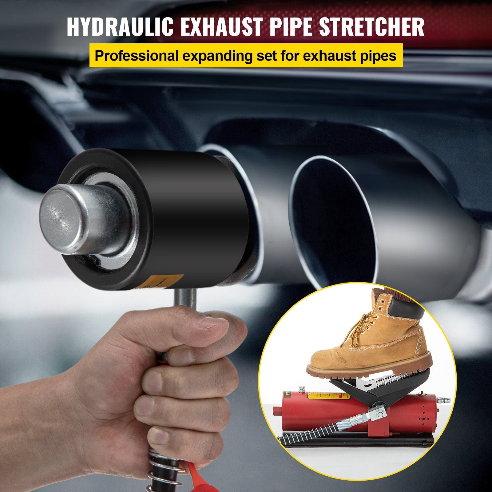 Hydraulic Exhaust Pipe Expander, 1-5/8" to 4-1/4" Size, 10 T Pedal Pump Included with 4 Dies, 2 Storage Cases for Copper Aluminum Tubes in Car Repairing