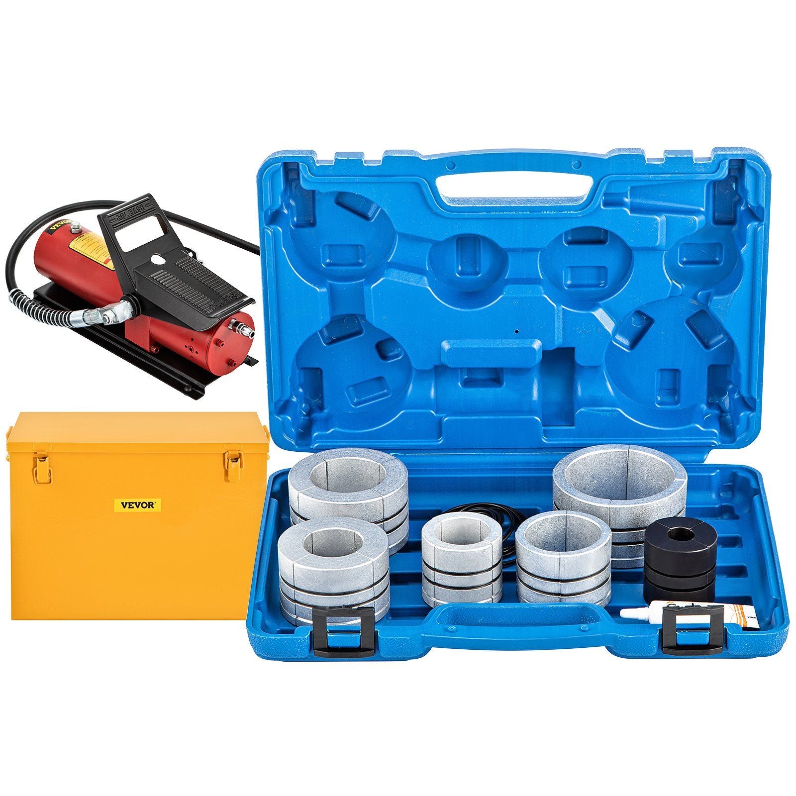 Hydraulic Exhaust Pipe Expander, 1-5/8" to 4-1/4" Size, 10 T Pedal Pump Included with 4 Dies, 2 Storage Cases for Copper Aluminum Tubes in Car Repairing