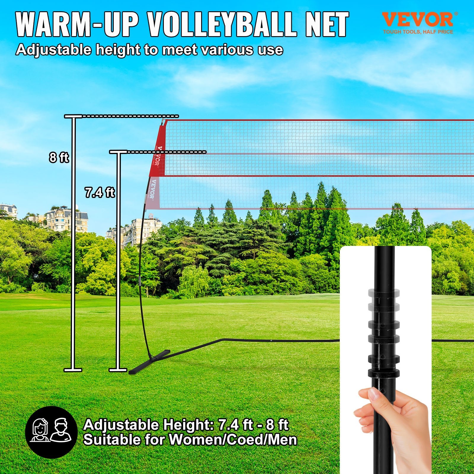 VEVOR Freestanding Volleyball Training Net for Indoor or Outdoor Use, Adjustable Height Portable Net System with Carrying Bag, Professional Volleyball Practice Trainer for Hitting or Serving Drills