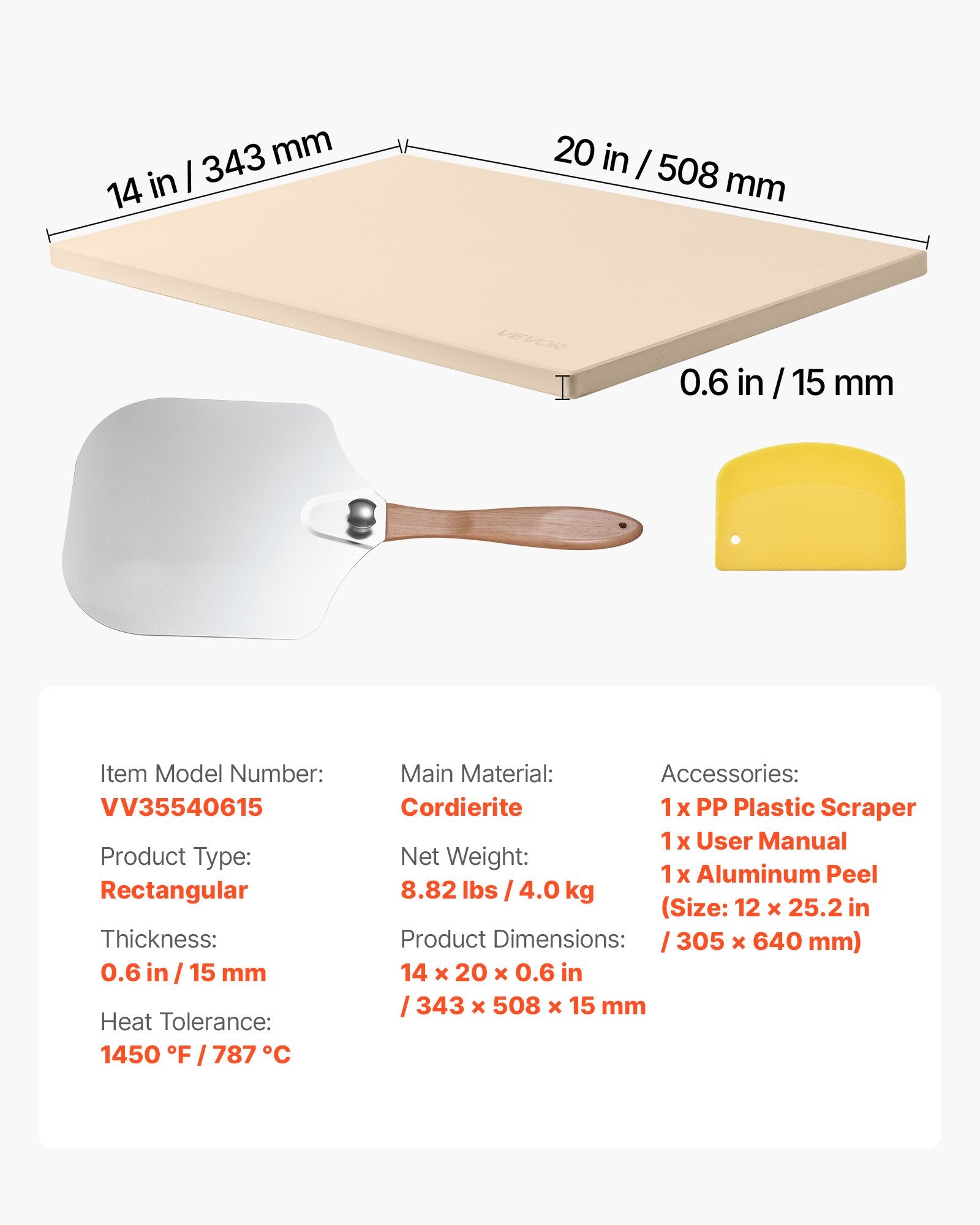 VEVOR Pizza Stone, 508 x 355 mm Rectangular Cordierite Pizza Stone, Extra Large Baking-Stone with Aluminum Peel, 15 mm Thick Heat-Resistant Cordierite, for Oven, Baking Bread & Pizzas, BBQ Grilling