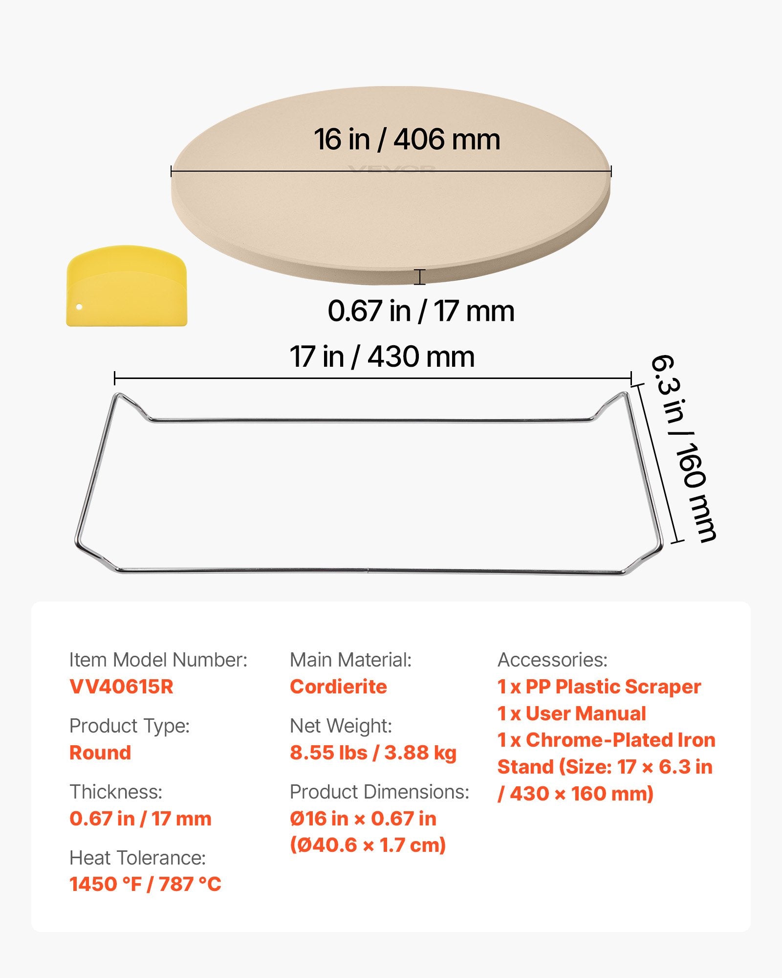 VEVOR Pizza Stone, 406 mm Round Cordierite Pizza Stone, Extra Large Baking-Stone with a Durable Stand, 17 mm Thickness Heat-Resistant Cooking Cordierite, for Kitchen Oven, Baking Pizzas, BBQ Grilling