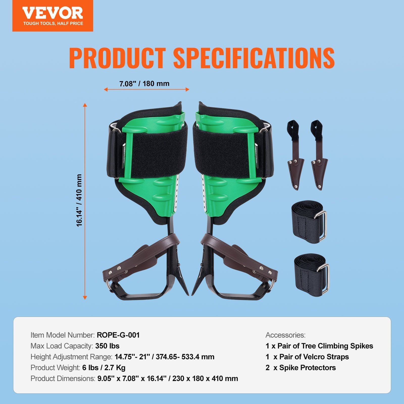 Tree Climbing Spikes, 1 Pair Alloy Steel Climbing Spurs, 350lbs Load Capacity Tree Climbing Gear with Straps and Spike Protectors, Arborist Equipment for Climbers, Hunting, Fruit Picking, Green