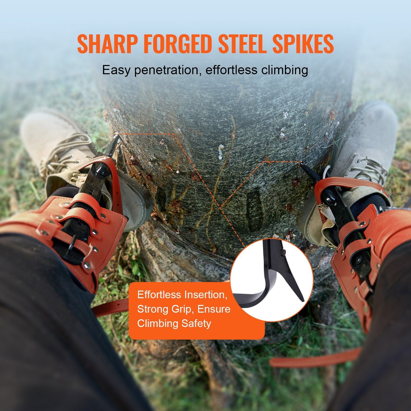 Tree Climbing Spikes Set, 1 Pair Alloy Steel Climbing Spurs with Safety Rope and Safety Harness, 350lbs Load Capacity Tree Climbing Gear, Arborist Equipment for Climbers, Fruit Picking, Orange