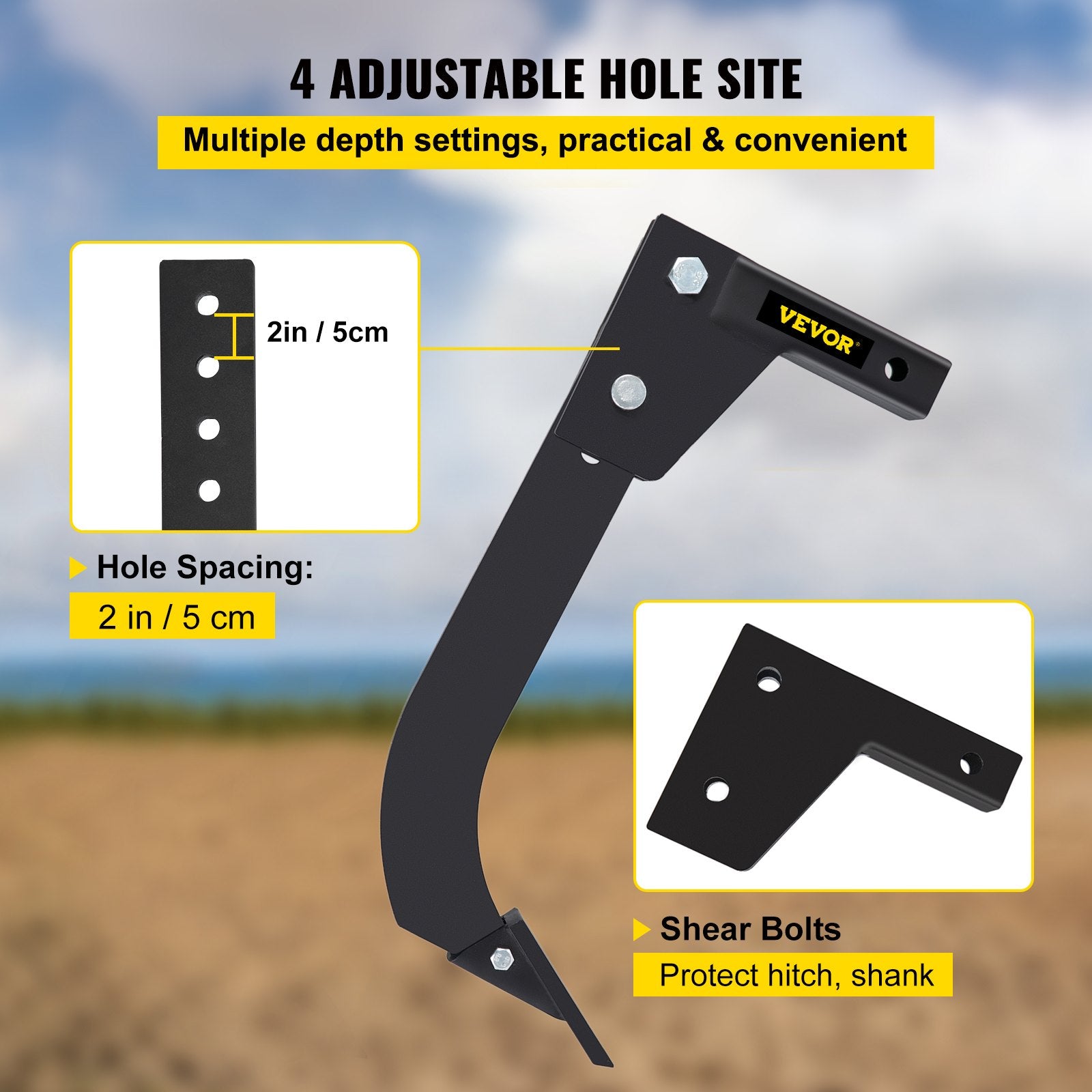 VEVOR Hitch Mounted Ripper, 40.6cm Shank Length Box Scraper Shank, 4 Hole Site Box Blade for Tractor, 2 Locating Pins Ripper Shank, 2 Plough Tips Box Blade Shank Teeth