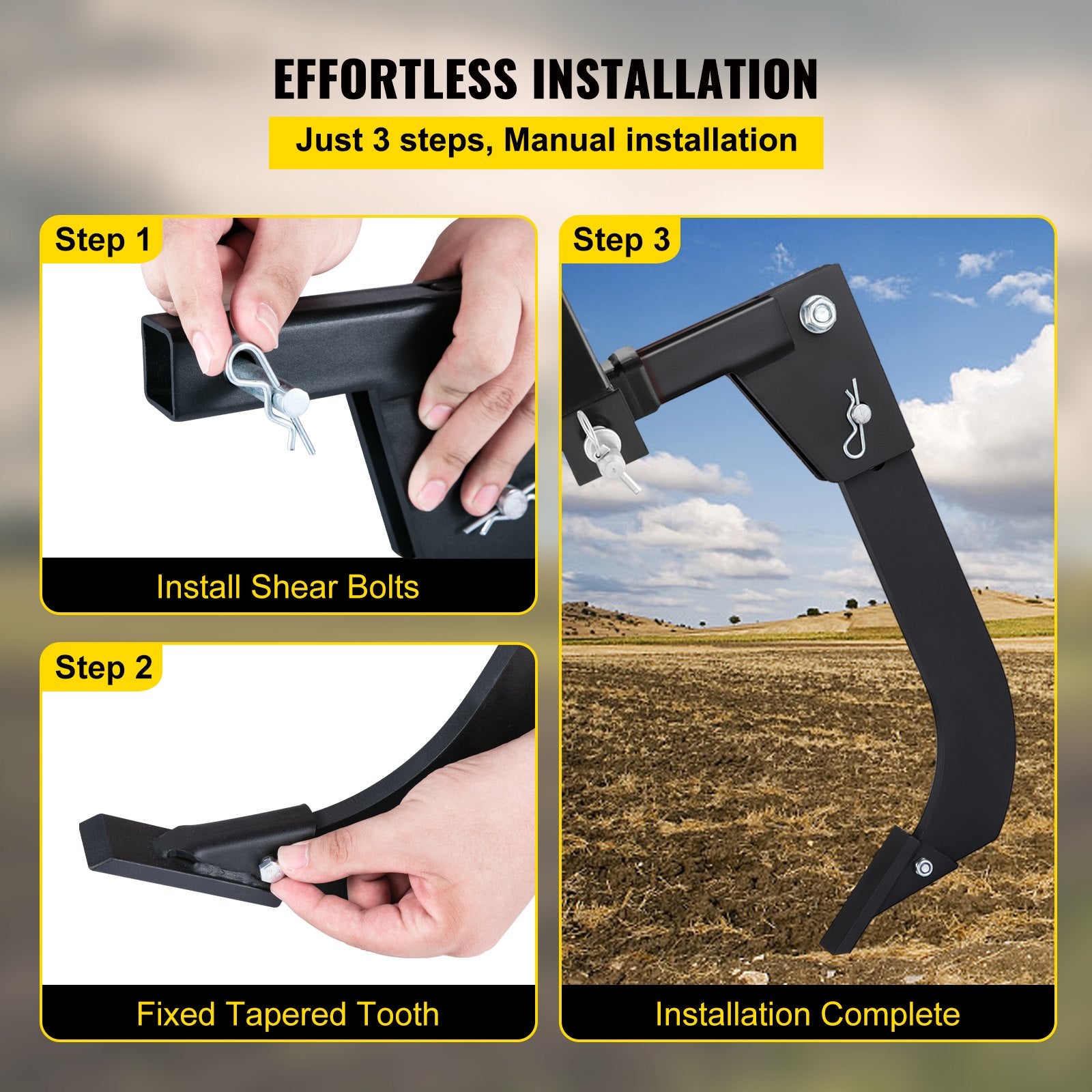 VEVOR Hitch Mounted Ripper, 40.6cm Shank Length Box Scraper Shank, 4 Hole Site Box Blade for Tractor, 2 Locating Pins Ripper Shank, 2 Plough Tips Box Blade Shank Teeth