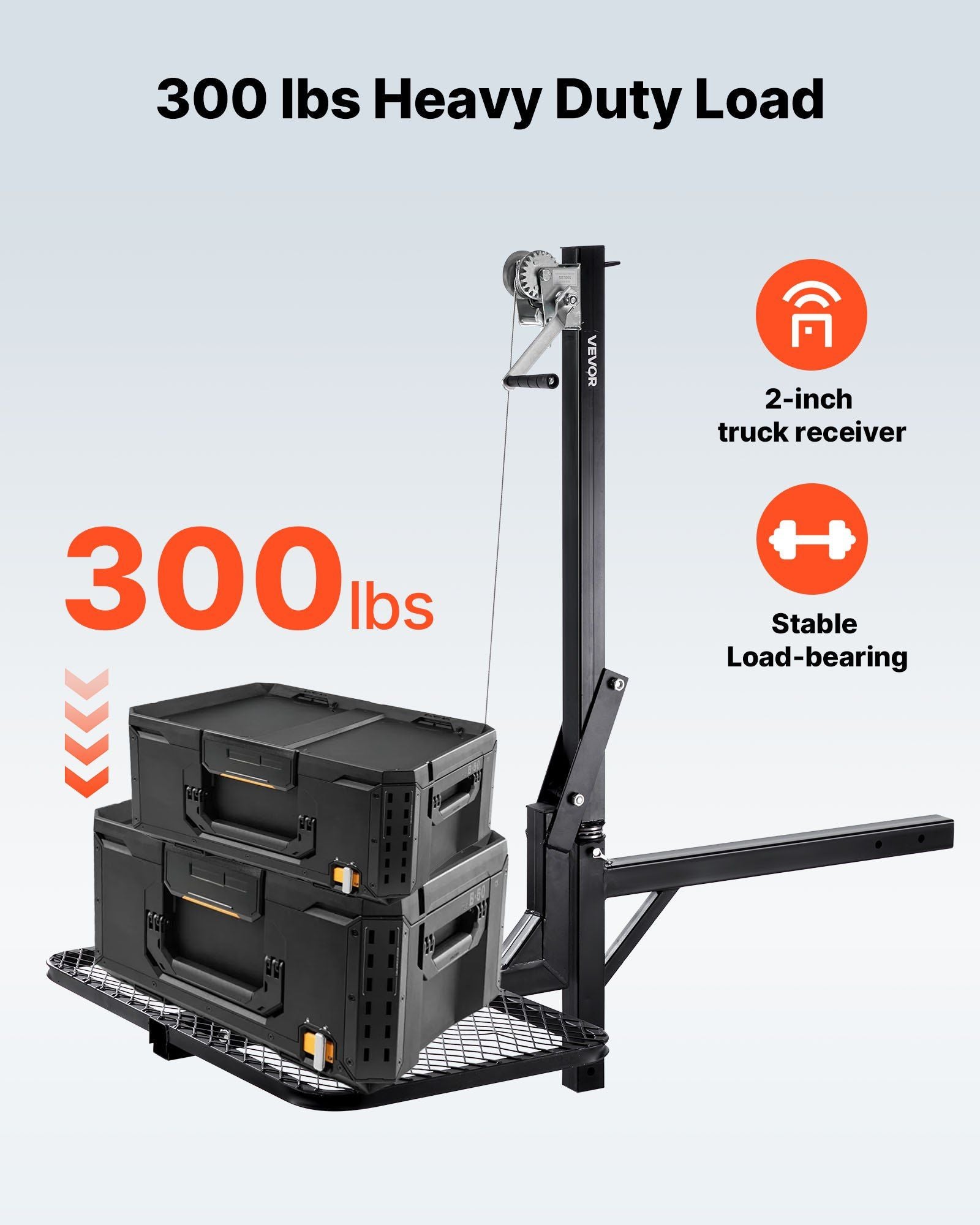 Hitch Deer Hoist with Lifting System Platform, 300 lbs Load Capacity, Game Hoist Winch Lift with 2-inch Receiver, 360-Degree Swivel Shaft & Foldable, Hitch-Mounted Deer Hanger for Moving Game