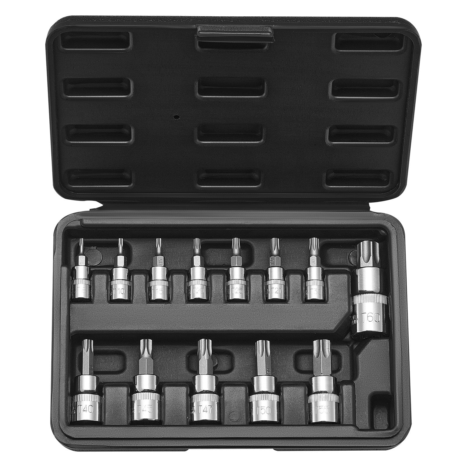 VEVOR Torx Bit Socket Set, 13-Piece Star T8 - T60 Set, S2 Alloy Steel and Cr-V Steel, 1/4 in, 3/8 in, and 1/2 in Drives, with Enhanced Storage Case, Torx Sockets for Hand Use, Mechanics, Auto Repair