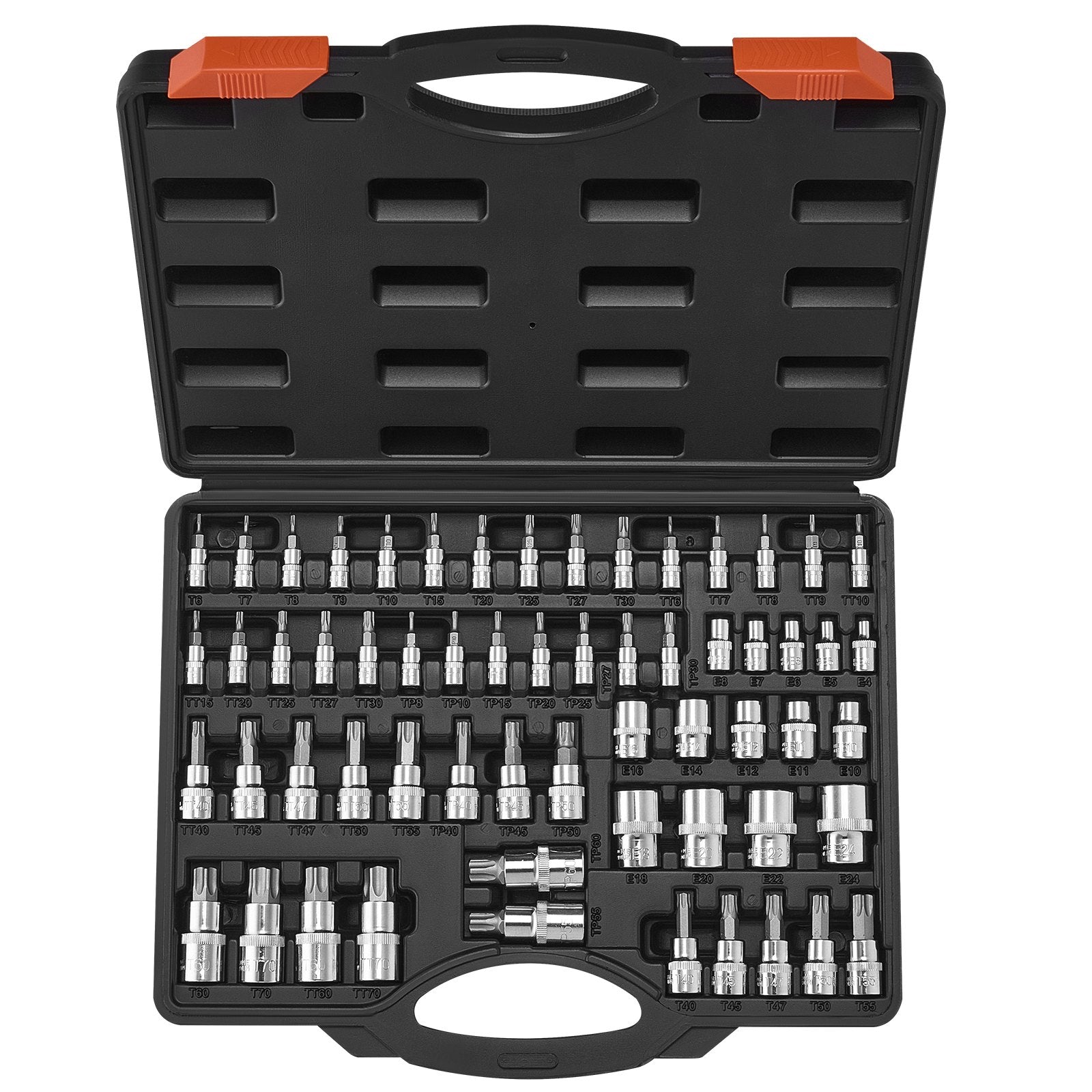 VEVOR Torx Bit Socket and External Torx Socket Set, 60-Piece T6-T70, TT6-TT70, TP8-TP60, E4-E24, S2 Alloy Steel and Cr-V Steel, 1/4 in, 3/8 in, and 1/2 in Drives, with Enhanced Storage Case, Hand Use