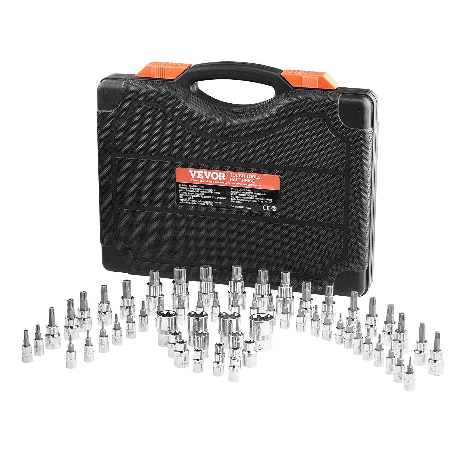 VEVOR Torx Bit Socket and External Torx Socket Set, 60-Piece T6-T70, TT6-TT70, TP8-TP60, E4-E24, S2 Alloy Steel and Cr-V Steel, 1/4 in, 3/8 in, and 1/2 in Drives, with Enhanced Storage Case, Hand Use